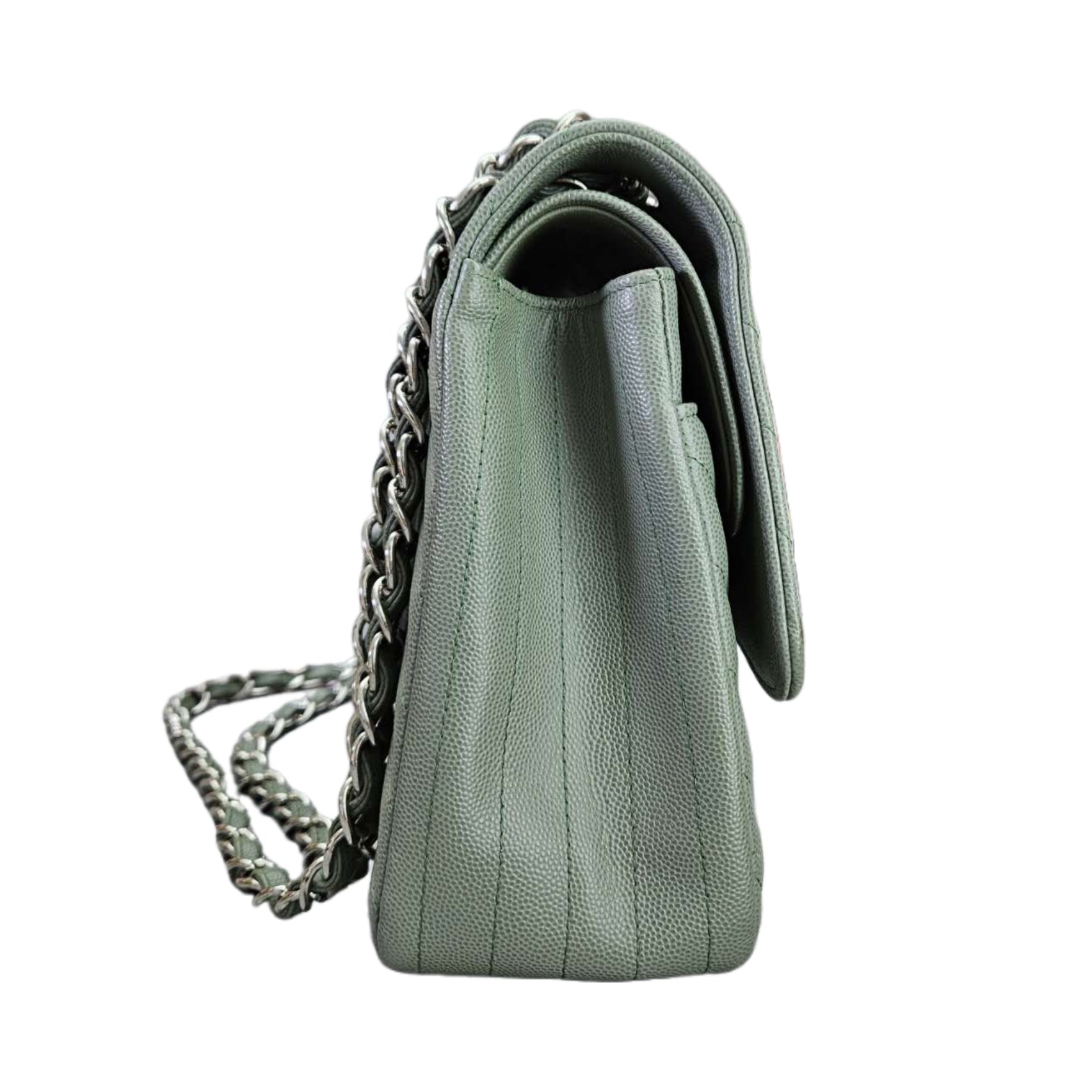 CHANEL Chevron Quilted Jumbo Flap Bag Silver Hardware (Sage Green)