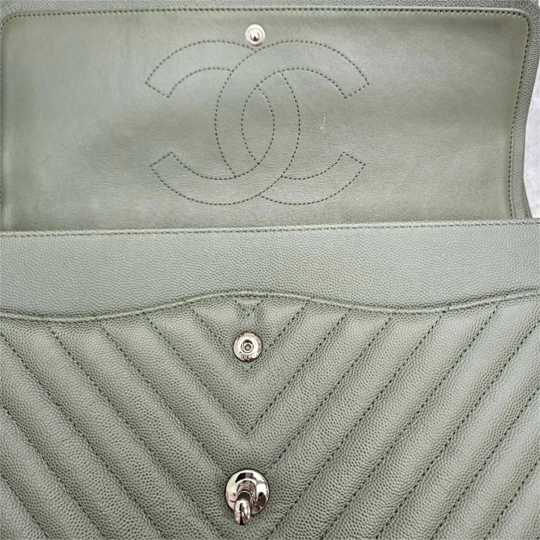 CHANEL Chevron Quilted Jumbo Flap Bag Silver Hardware (Sage Green)