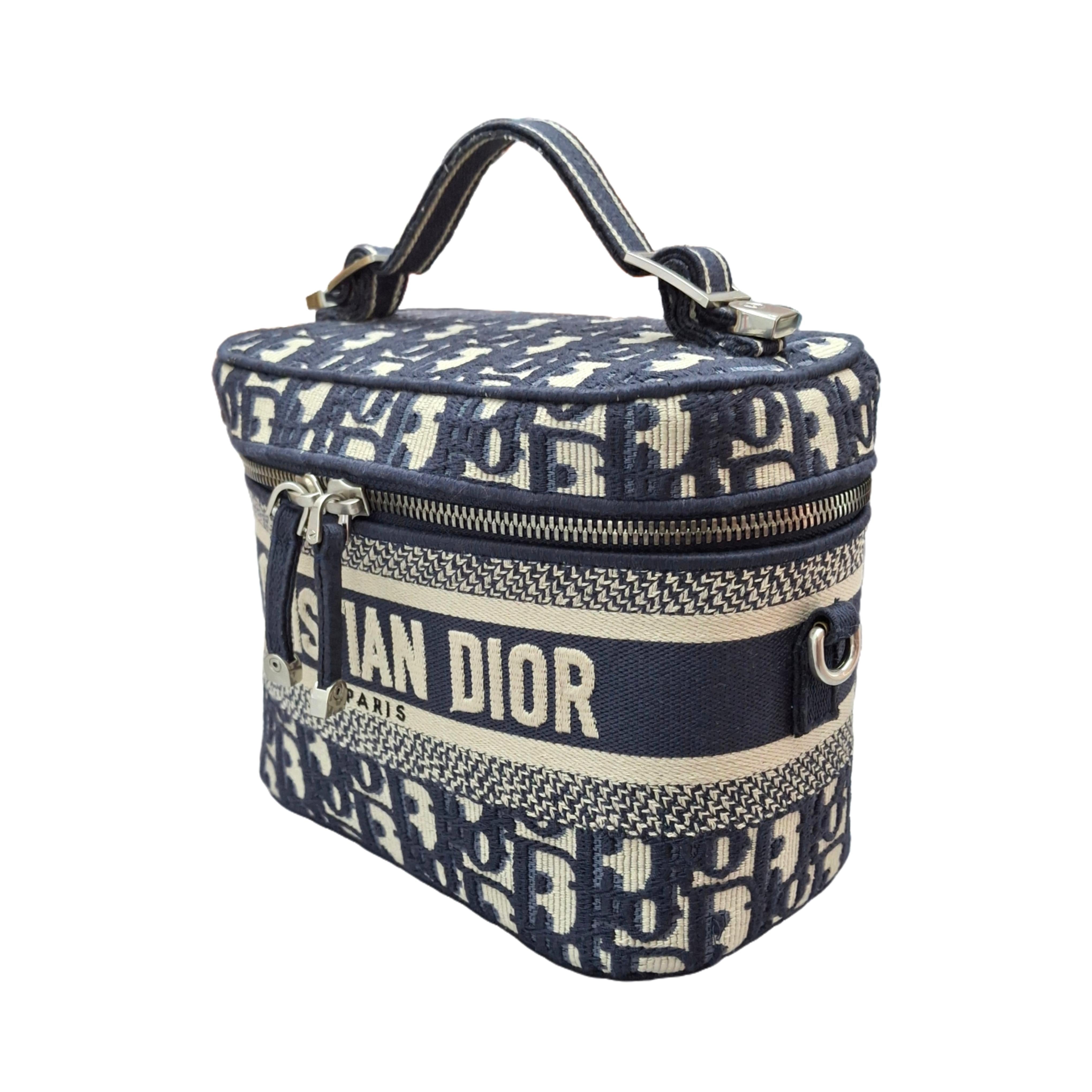 CHRISTIAN DIOR Small DiorTravel Vanity Case with shoulder strap (Blue Dior Oblique Embroidery)