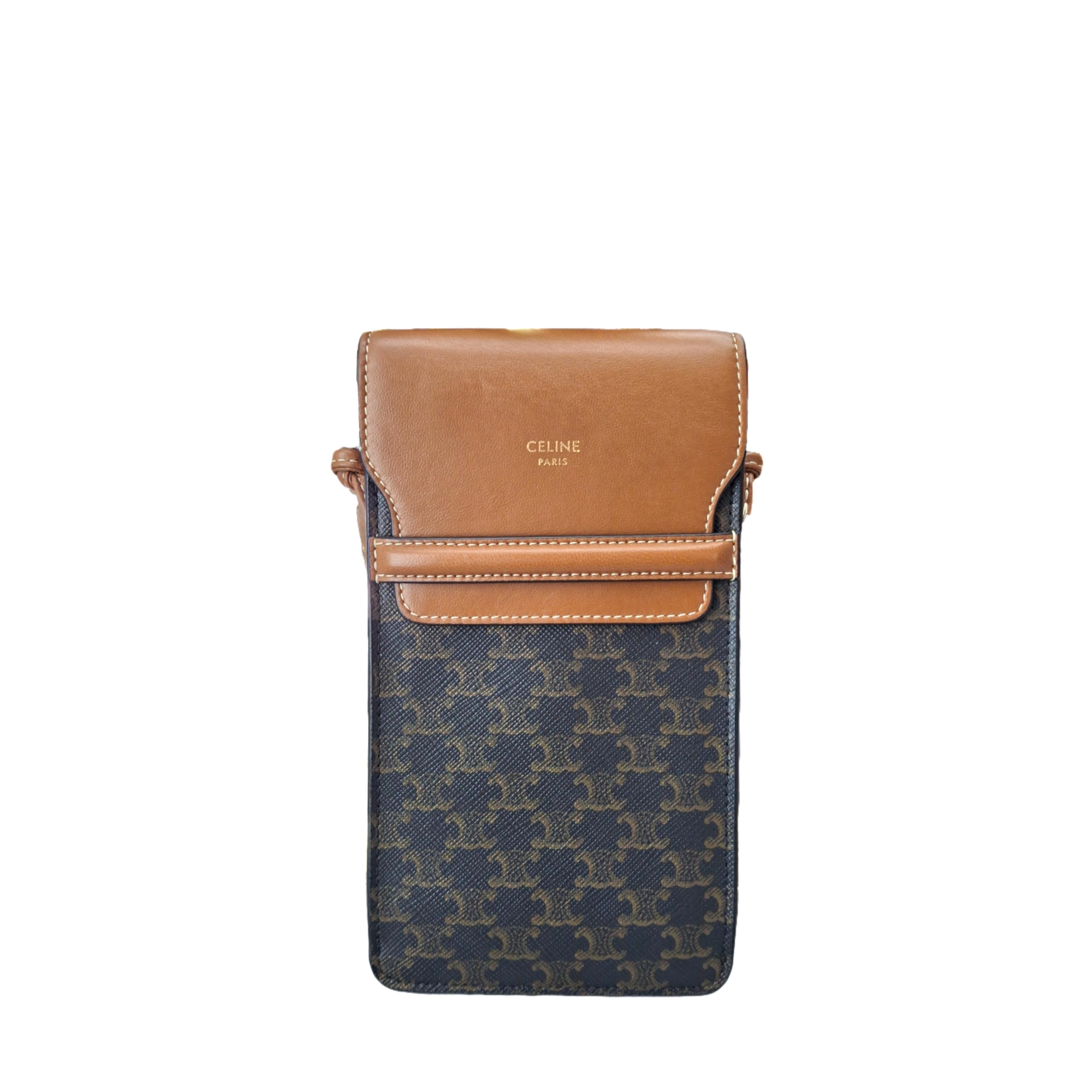 CELINE Phone Pouch with Flap in Triomphe Canvas and Lambskin