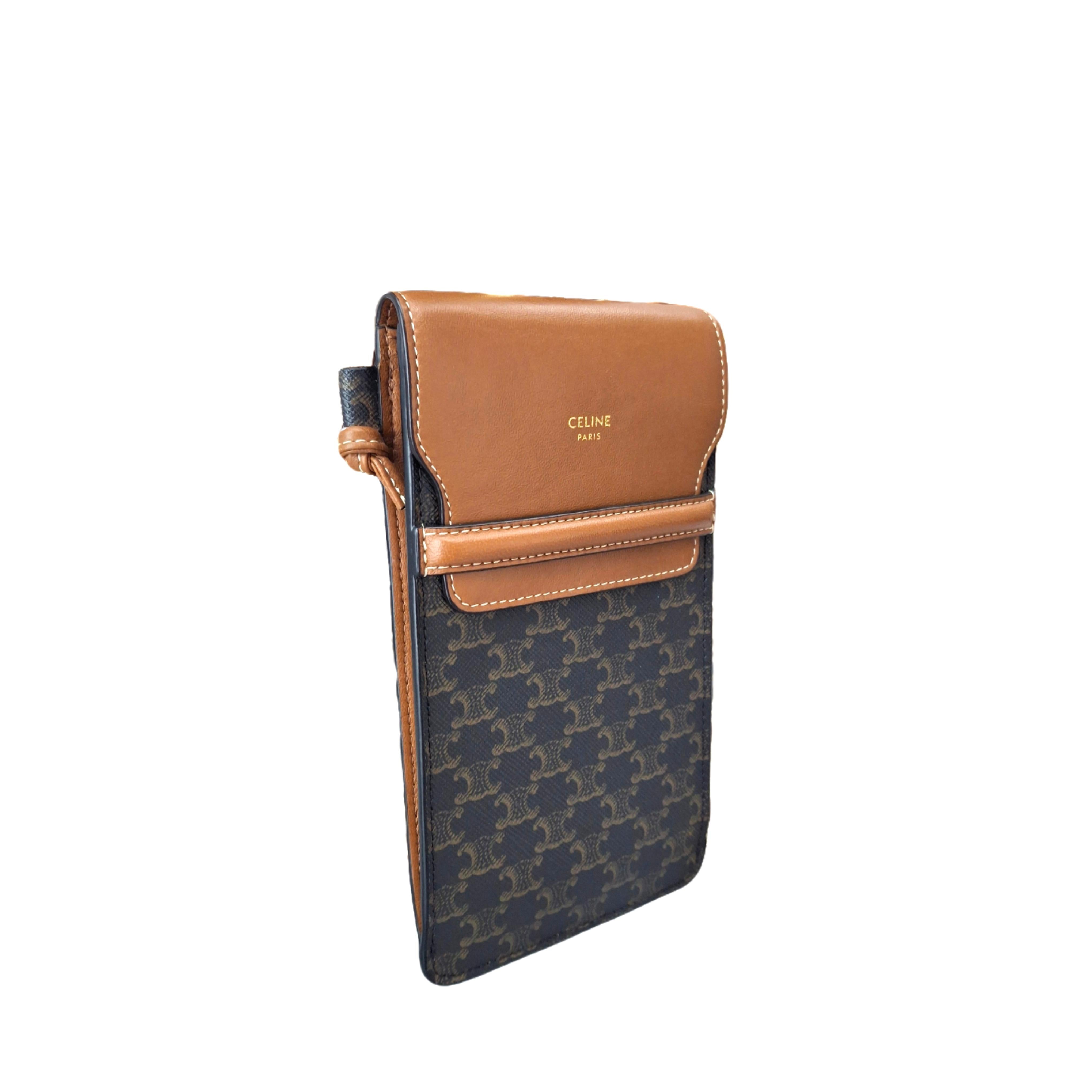 CELINE Phone Pouch with Flap in Triomphe Canvas and Lambskin