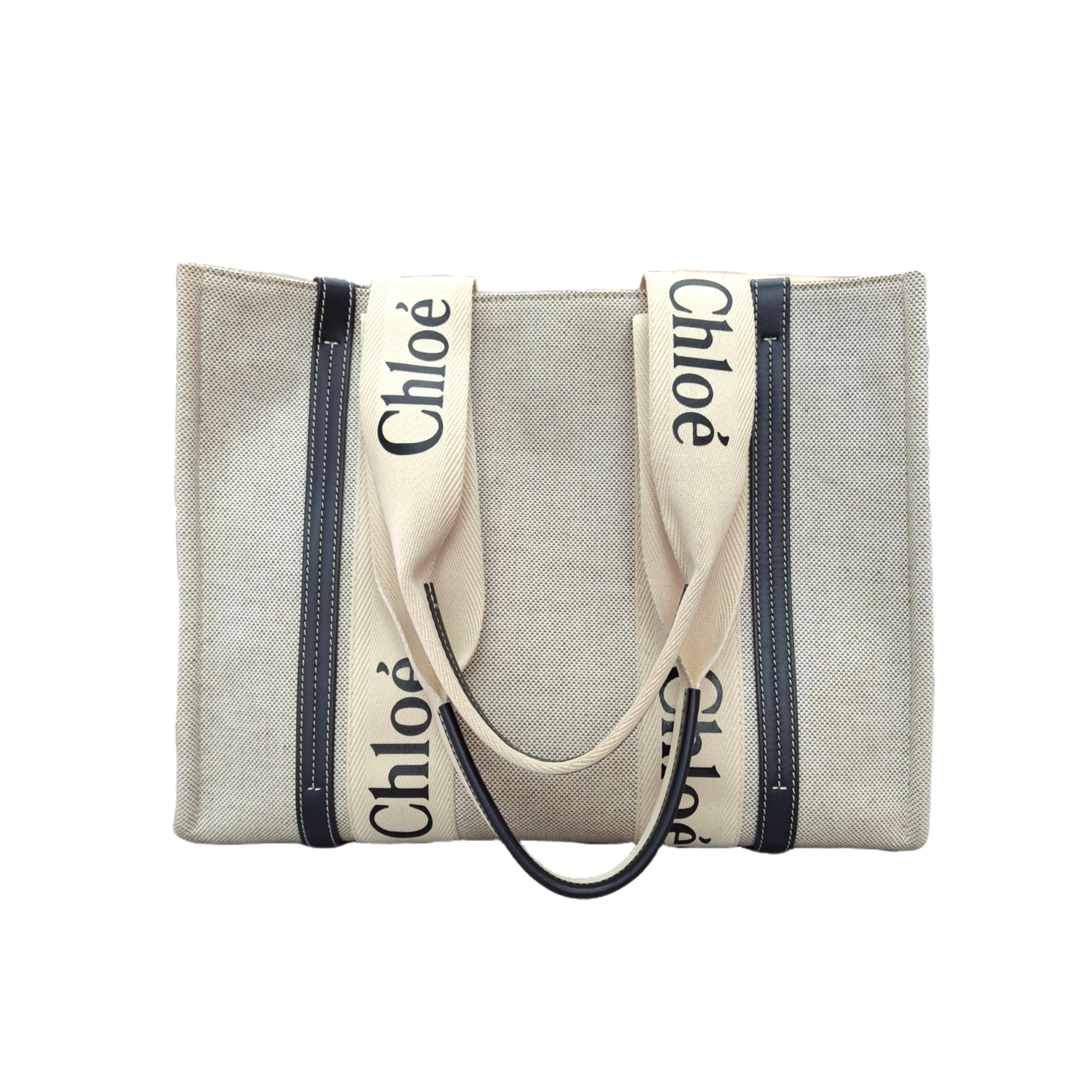 Chloé Medium Woody Tote Bag In Linen (Beige and Navy)