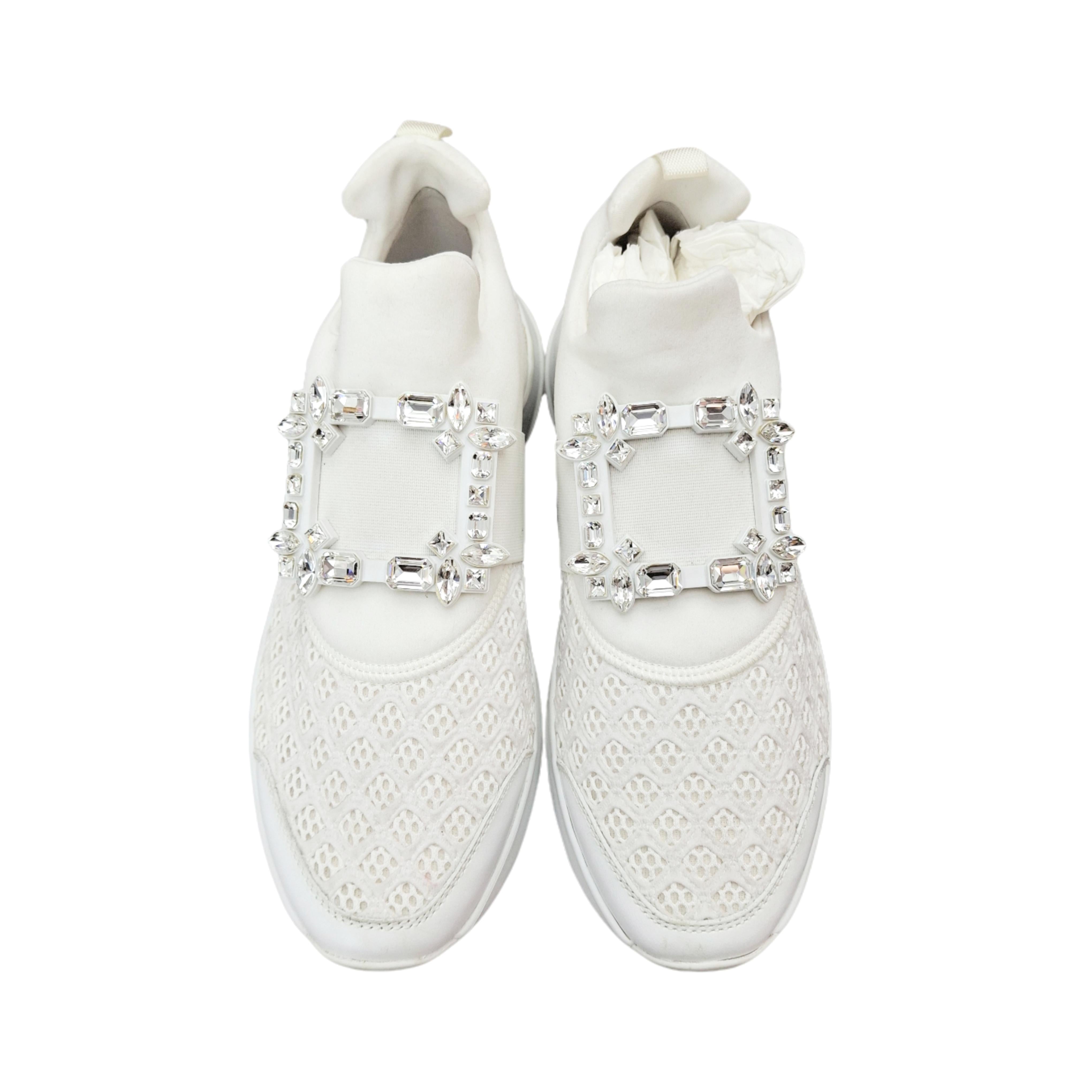 Roger Vivier Viv' Run Strass Buckle Sneakers in Technical Fabrics (White) 39.5