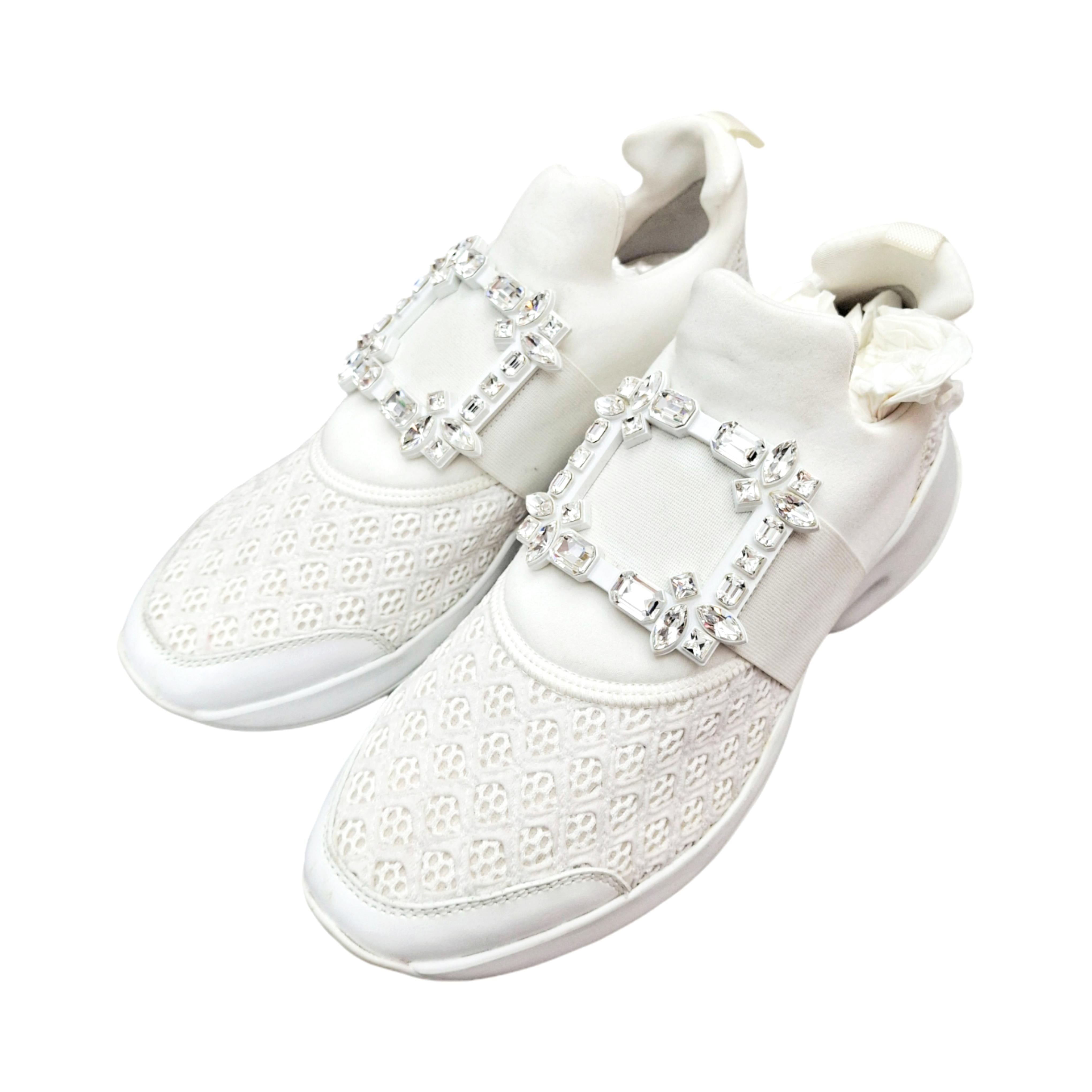 Roger Vivier Viv' Run Strass Buckle Sneakers in Technical Fabrics (White) 39.5