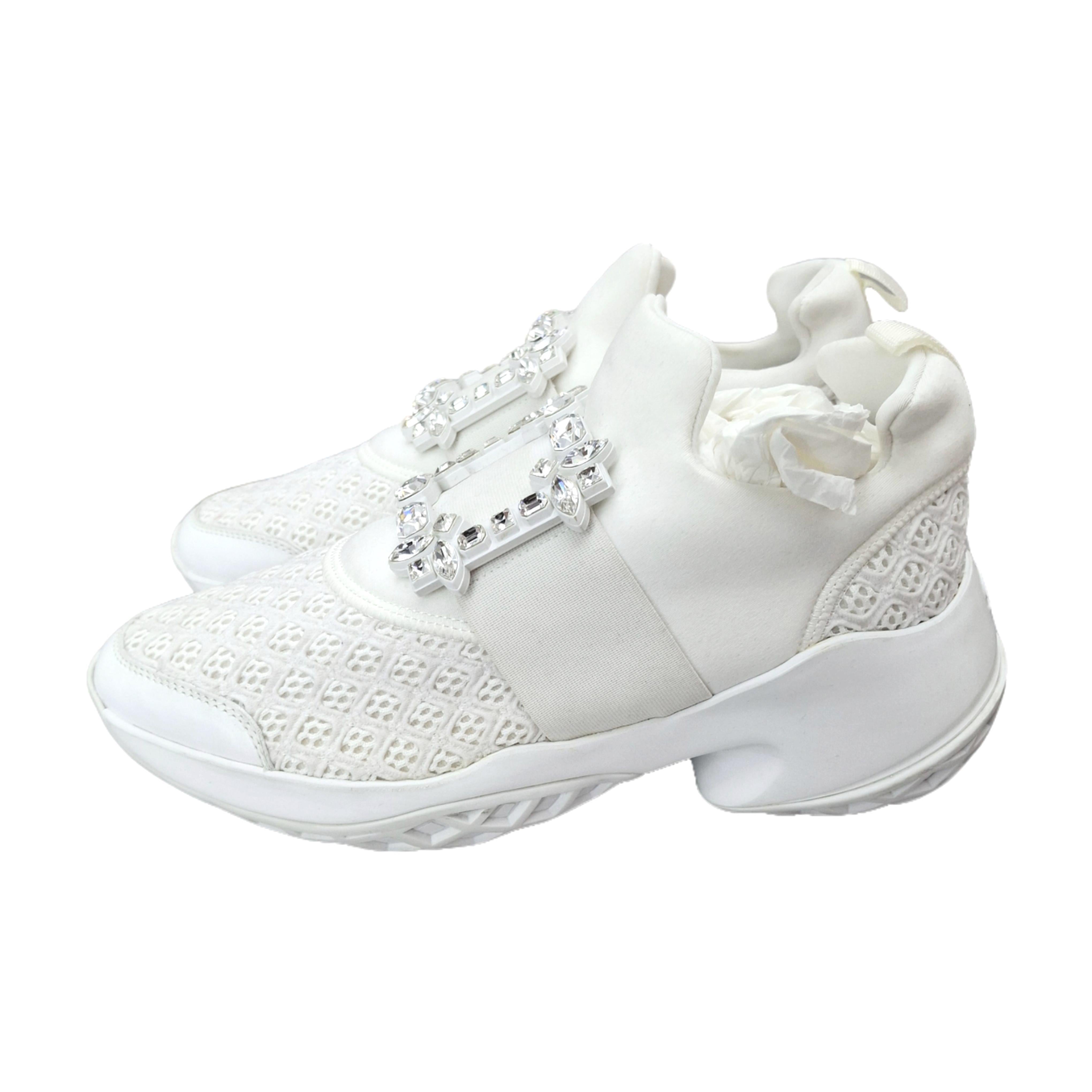 Roger Vivier Viv' Run Strass Buckle Sneakers in Technical Fabrics (White) 39.5