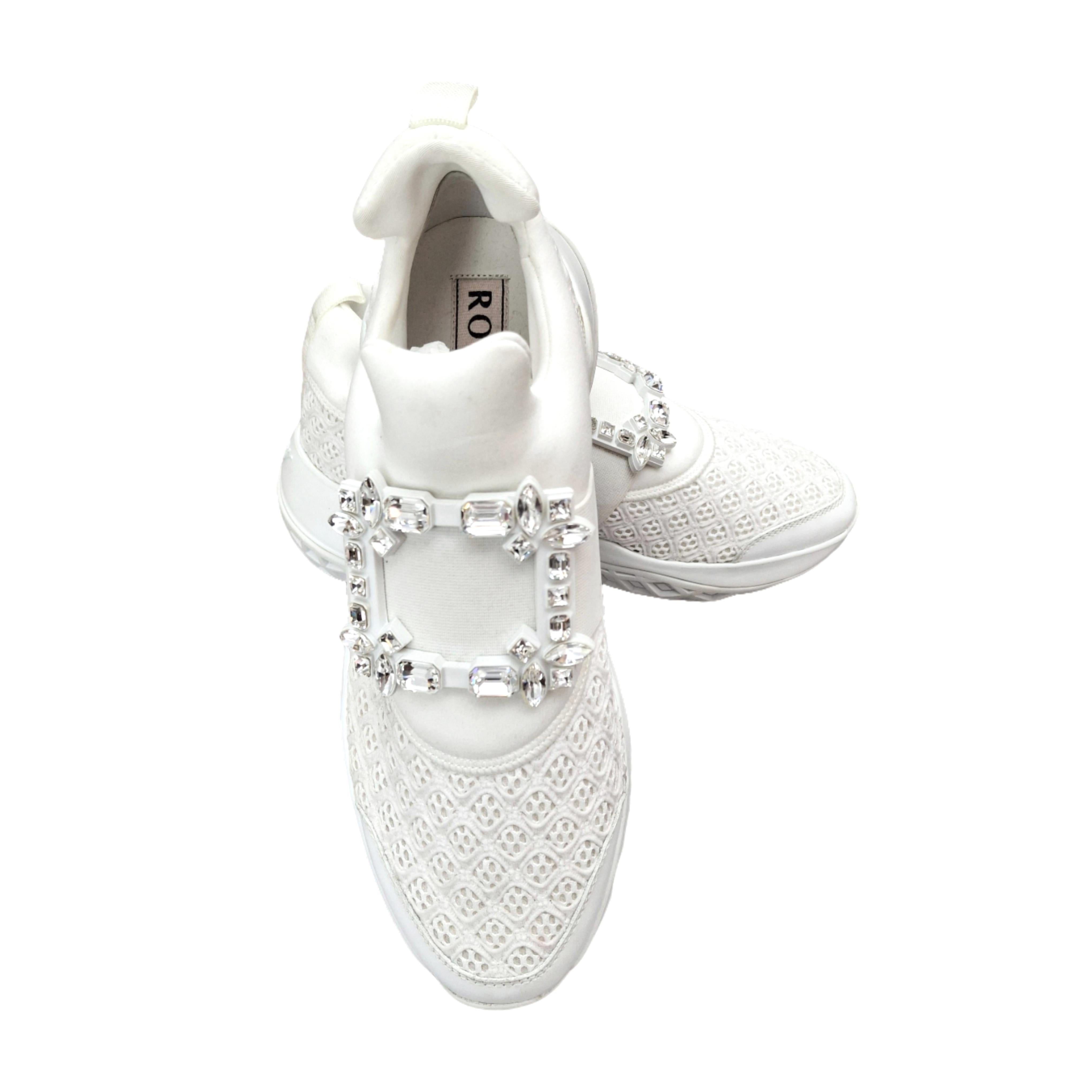 Roger Vivier Viv' Run Strass Buckle Sneakers in Technical Fabrics (White) 39.5