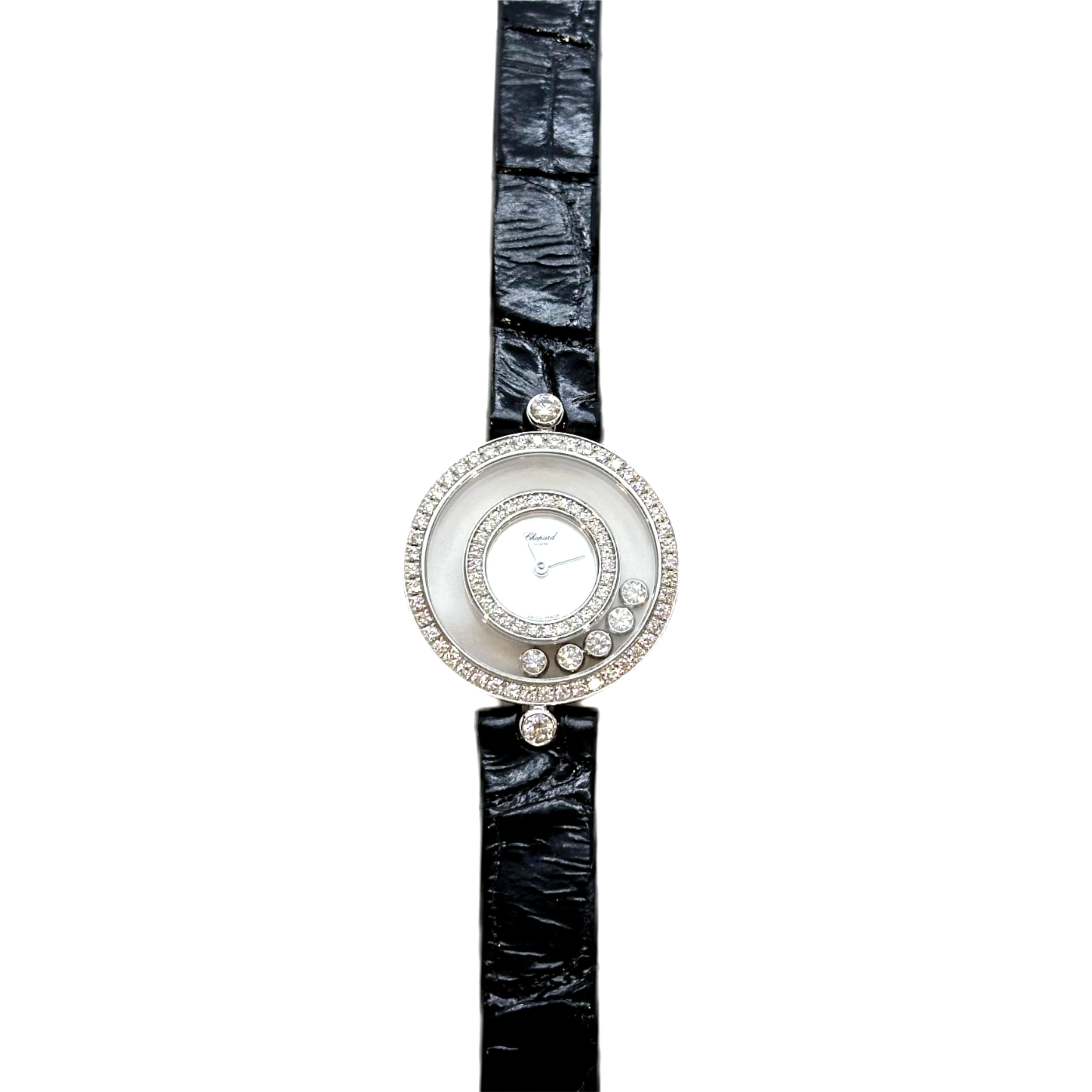 CHOPARD 203957-1201 Happy Diamonds Icons 32, Guilloché mother-of-pearl dial, Black Alligator Leather Strap, White Gold