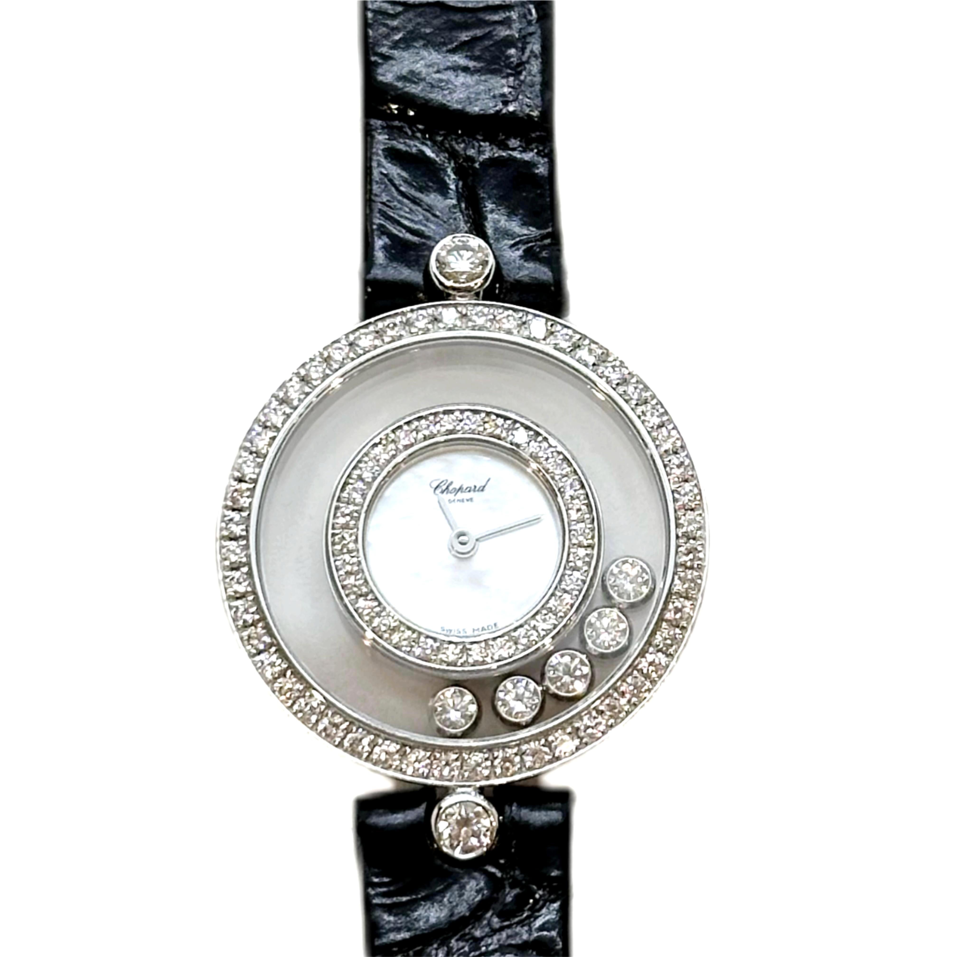 CHOPARD 203957-1201 Happy Diamonds Icons 32, Guilloché mother-of-pearl dial, Black Alligator Leather Strap, White Gold