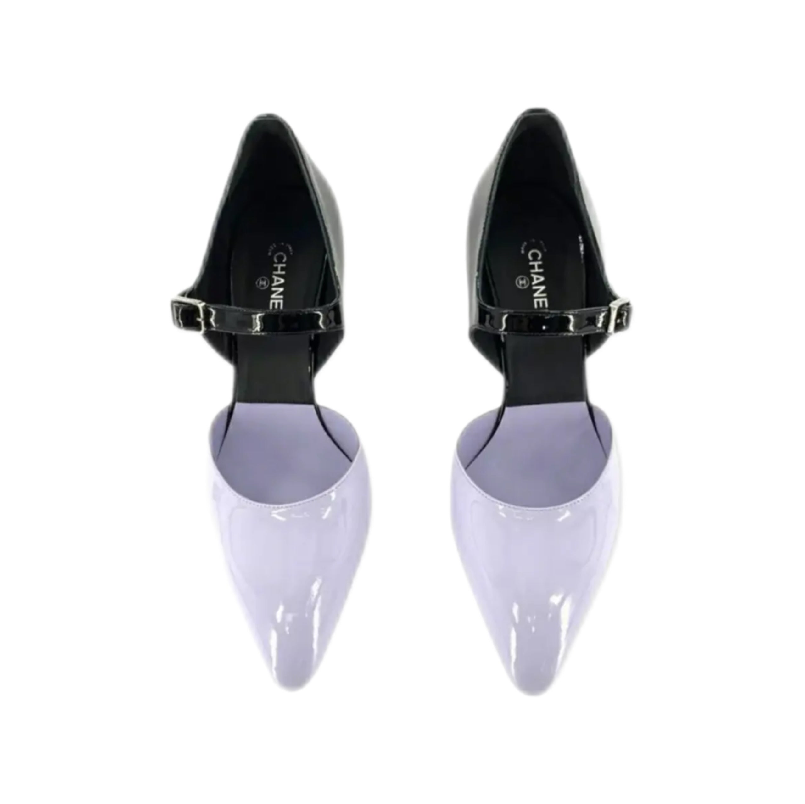 CHANEL 2020 Interlocking CC Patent leather D'Orsay heels Black/Lilac 37.5