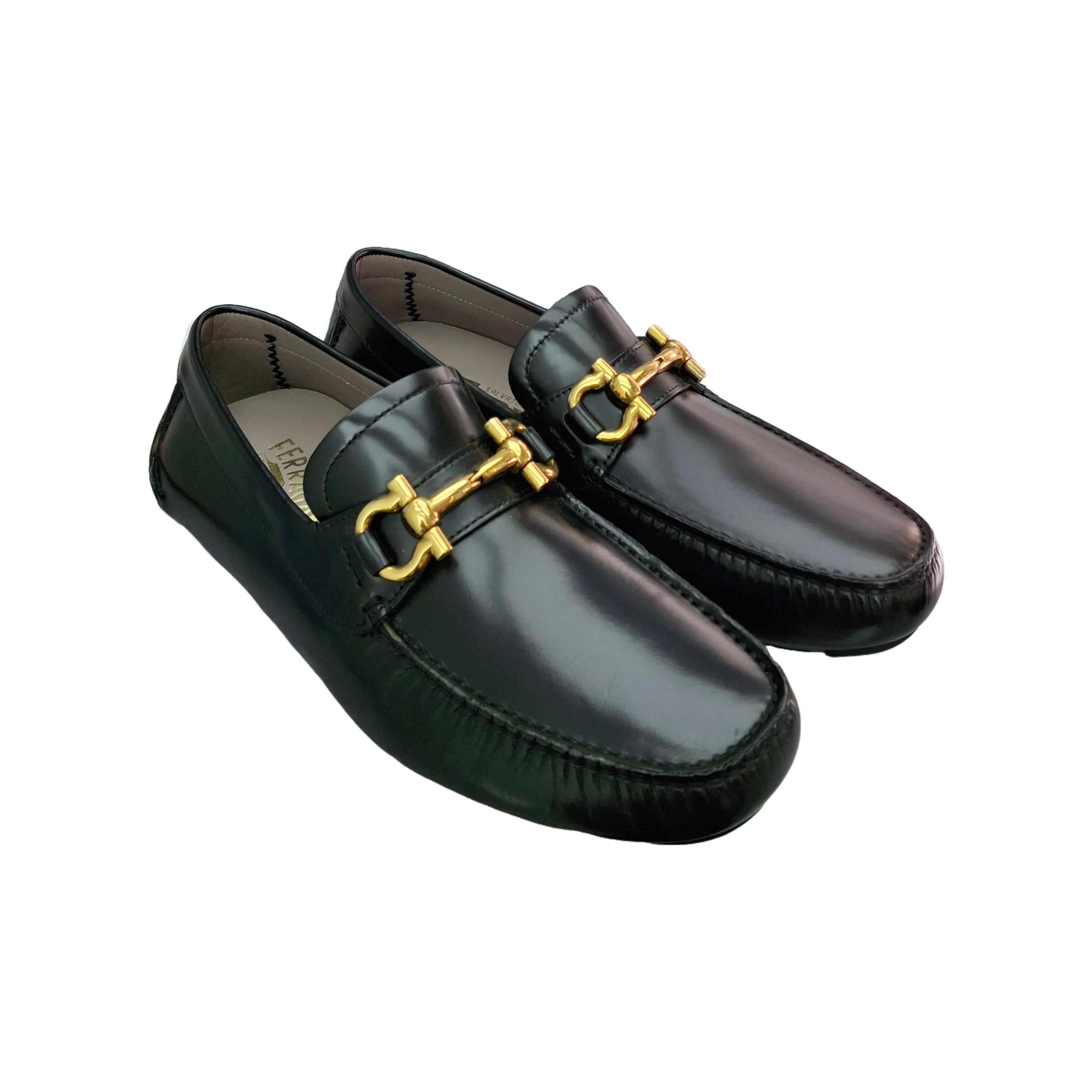 SALVARORE FERRAGAMO Gancini-Plaque Slip-On Loafter (Black/Gold) 36