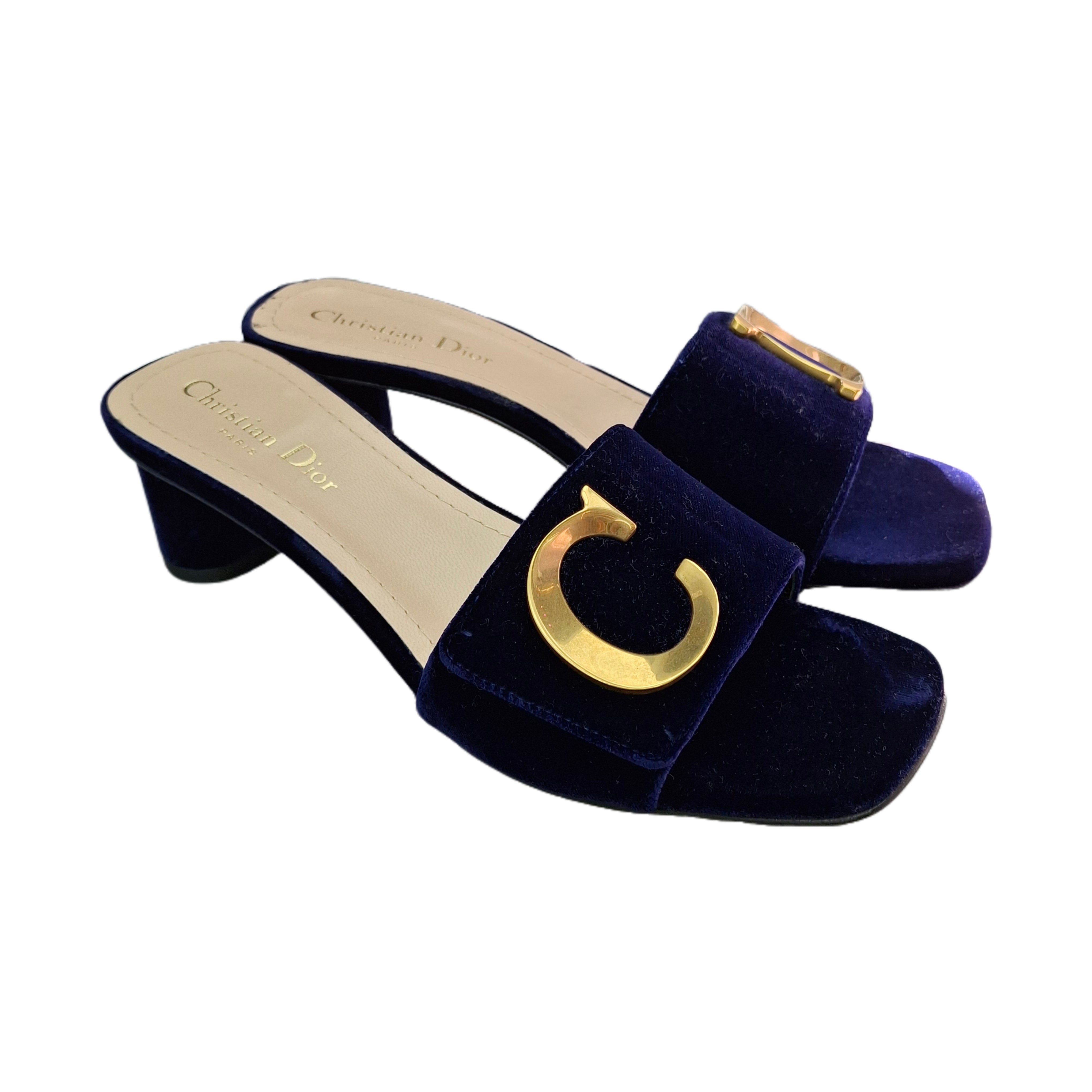 CHRISTIAN DIOR C'est Dior Velvet Sandals (Navy Blue/Gold) 37.5