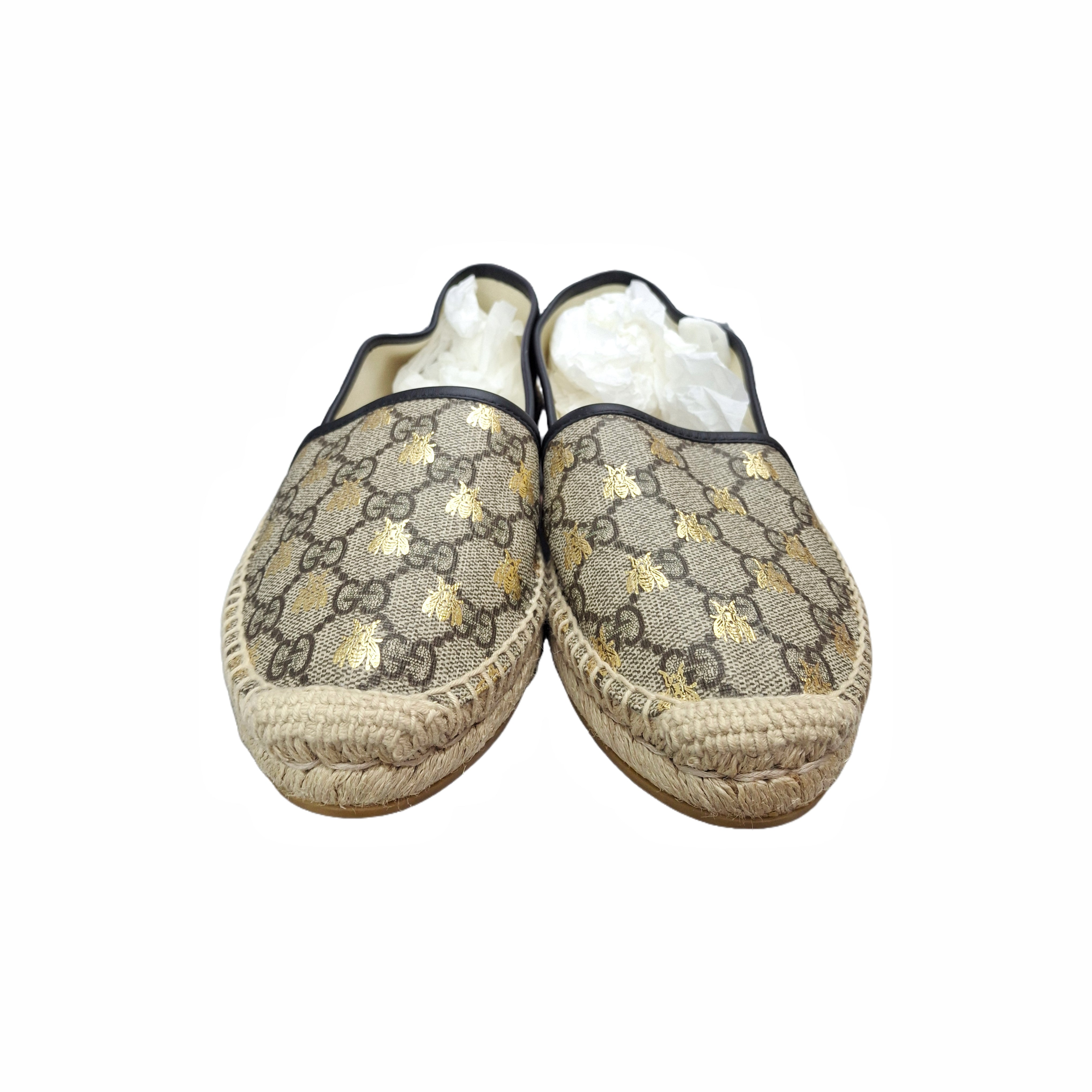 GUCCI GG Supreme Monogram Bees Espadrille Flats (Beige/Ebony) 38.5