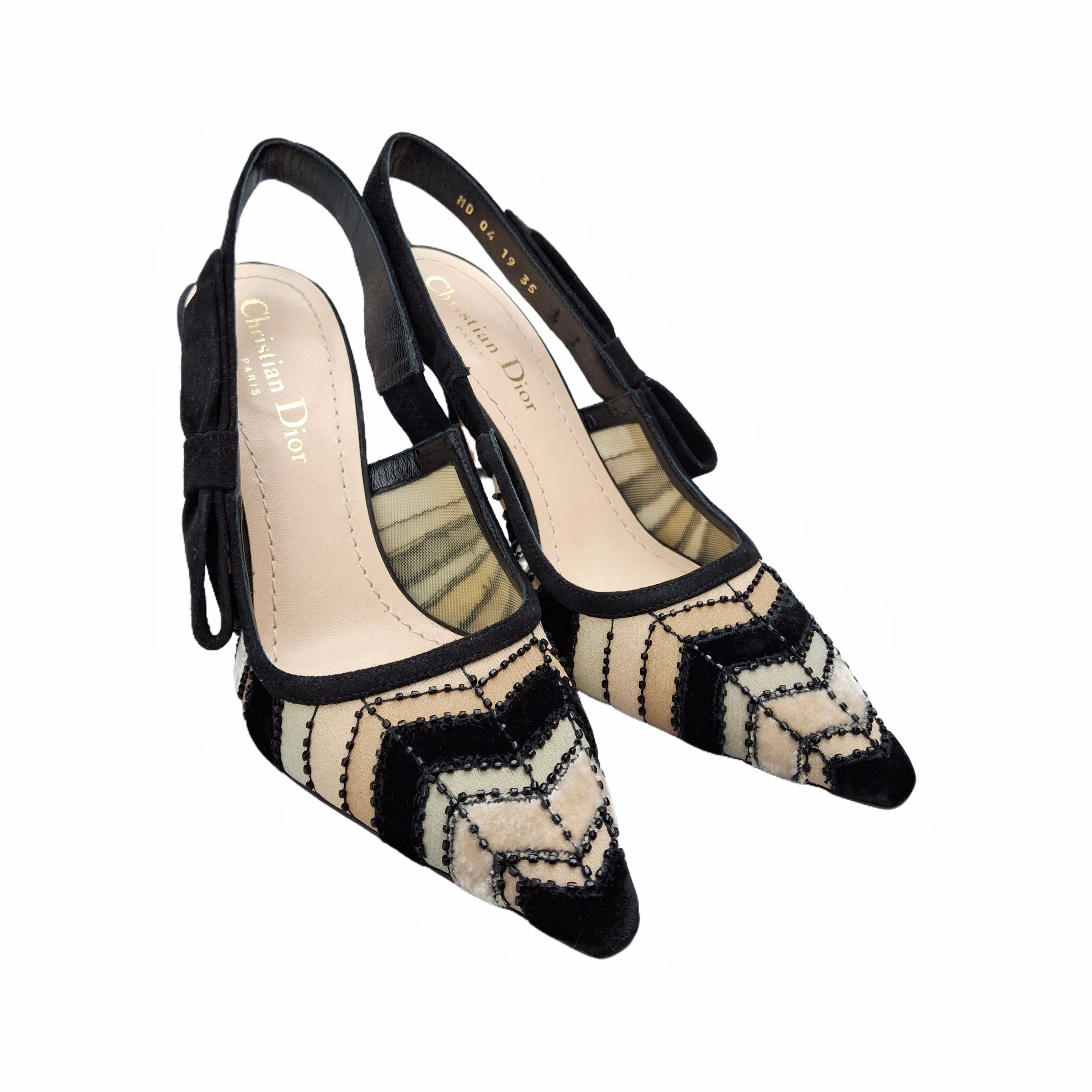 Christian Dior Velvet Striped Slingback Pumps (Black/Beige) 35