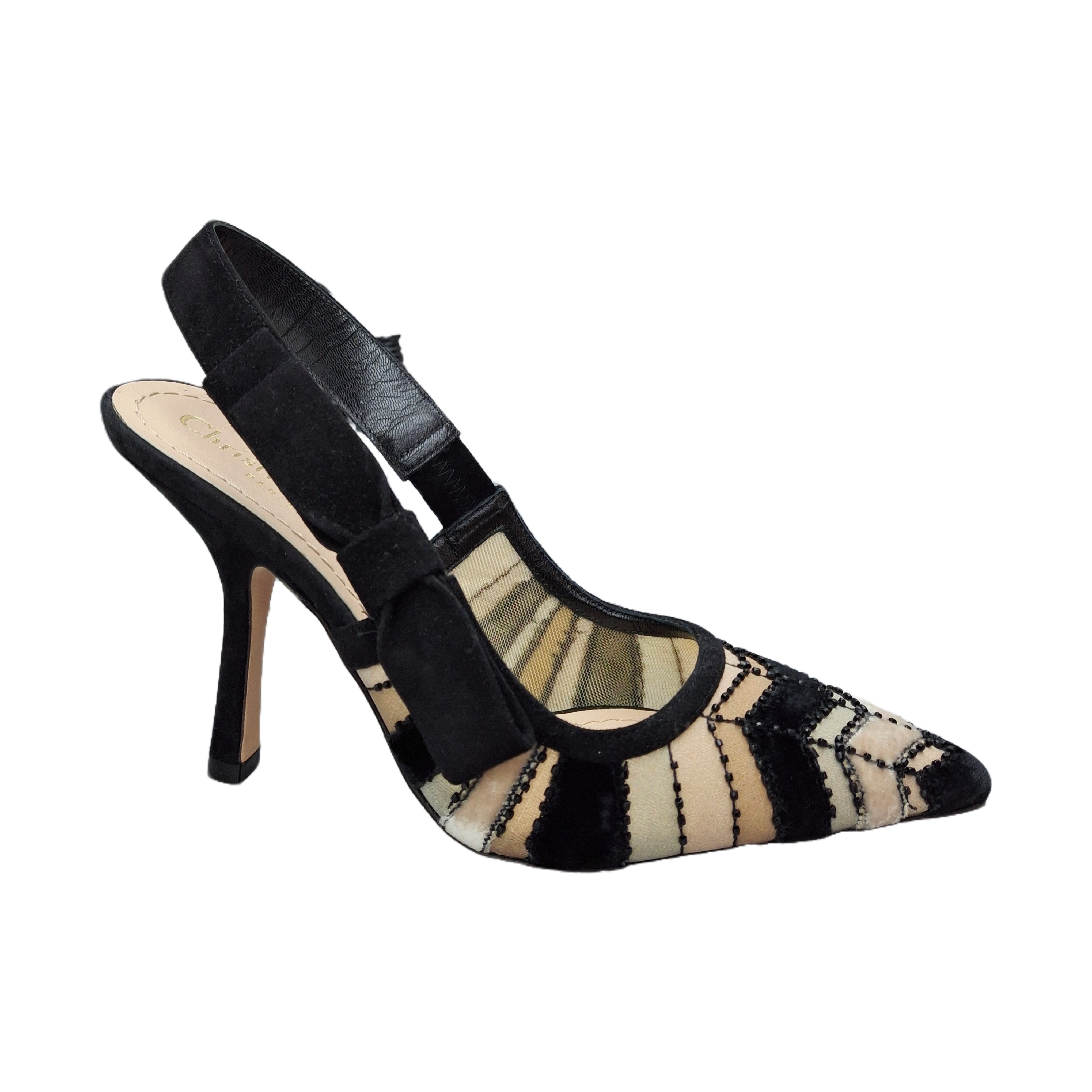 Christian Dior Velvet Striped Slingback Pumps (Black/Beige) 35