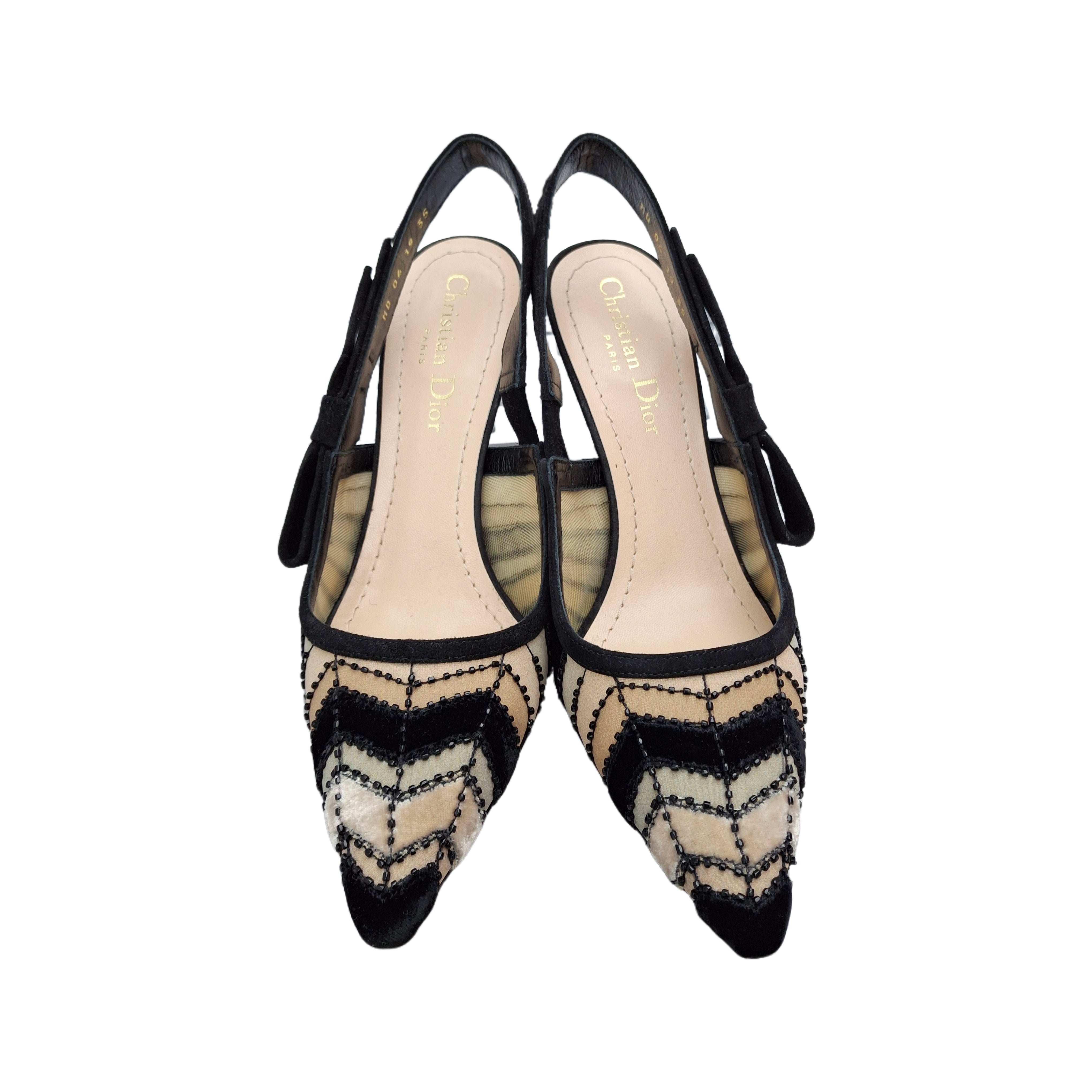 Christian Dior Velvet Striped Slingback Pumps (Black/Beige) 35