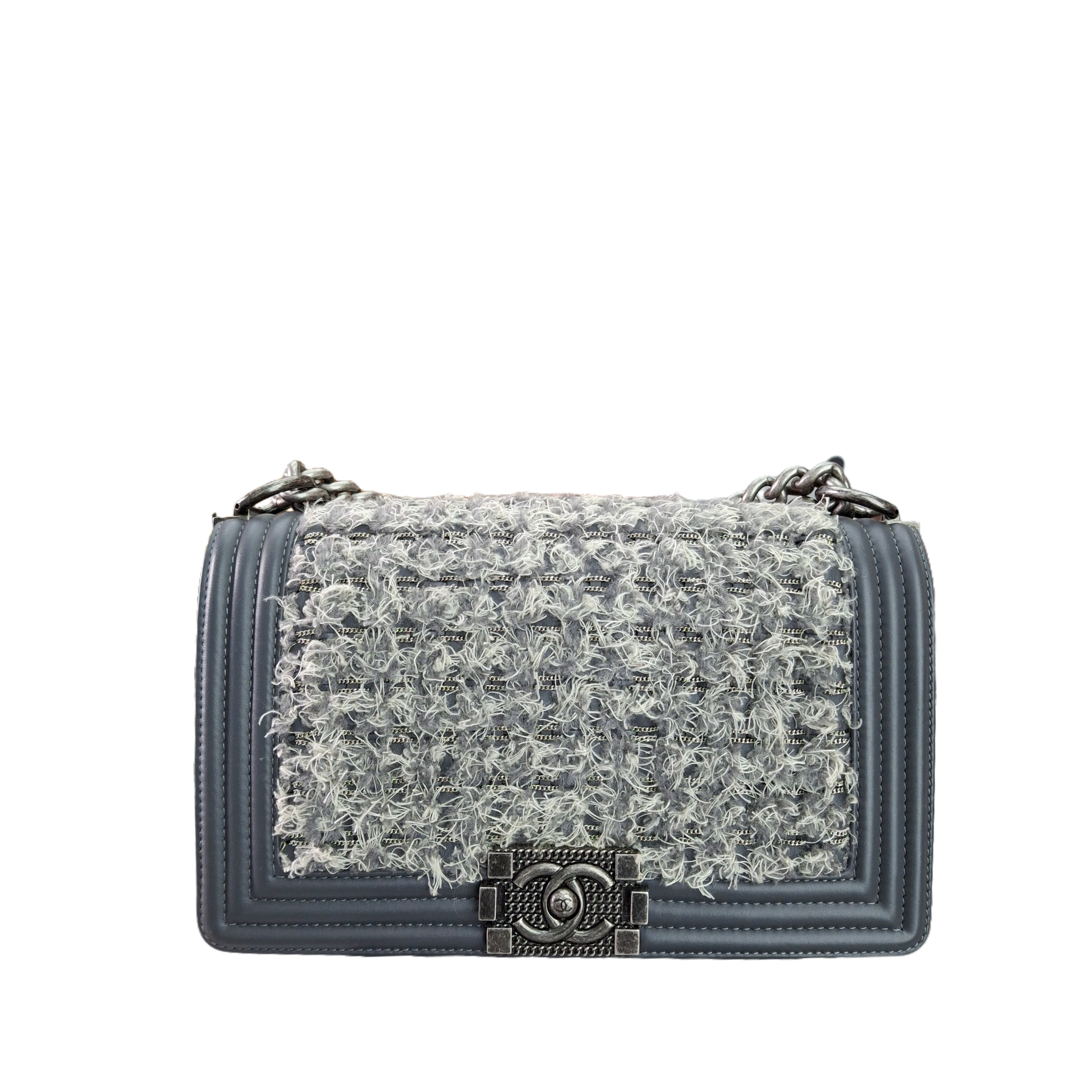 Chanel Boy Flap Bag Braided Tweed Old Medium (Gray)