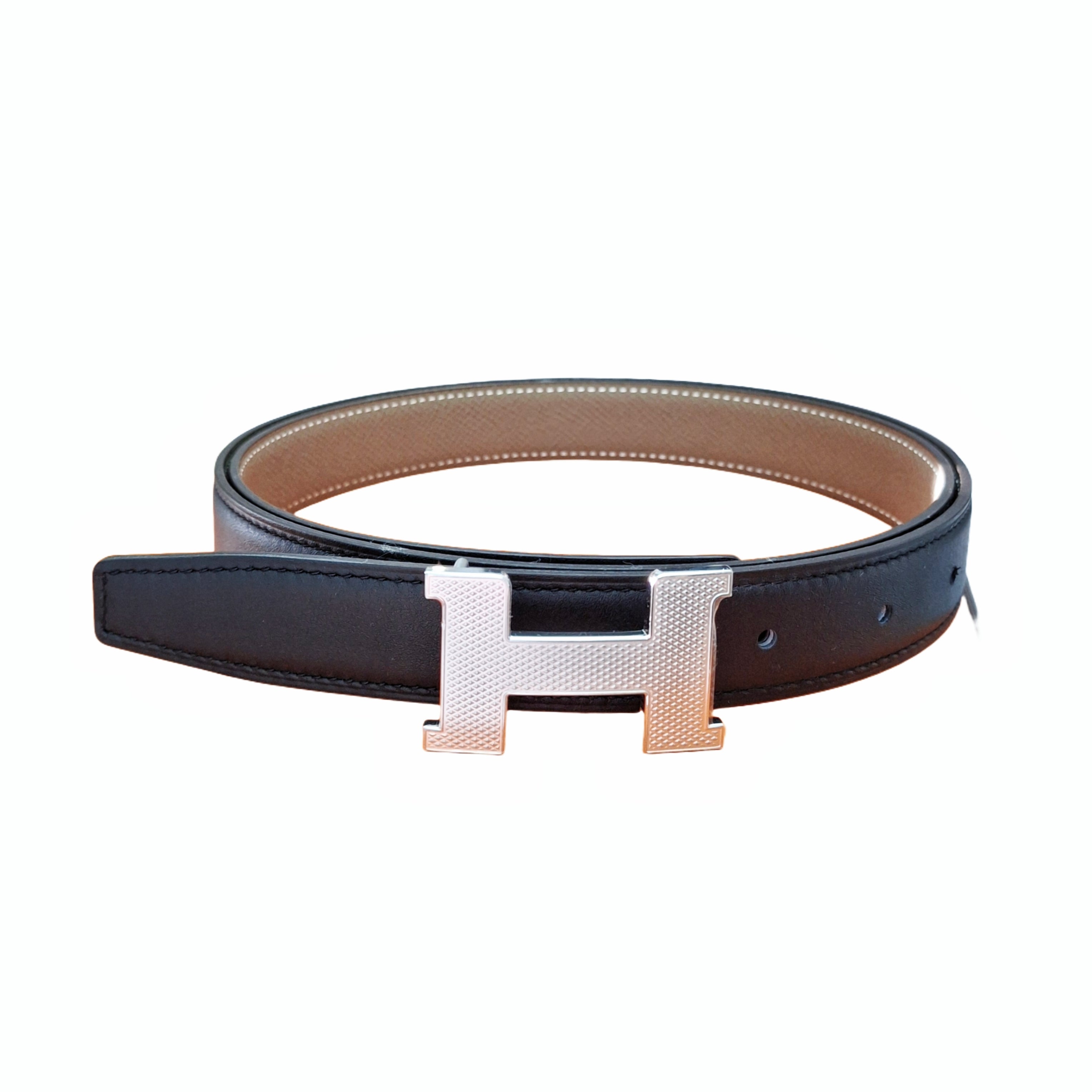 HERMÈS Constance Silver belt buckle & Noir (Black/Silver) Reversible leather strap 38 mm