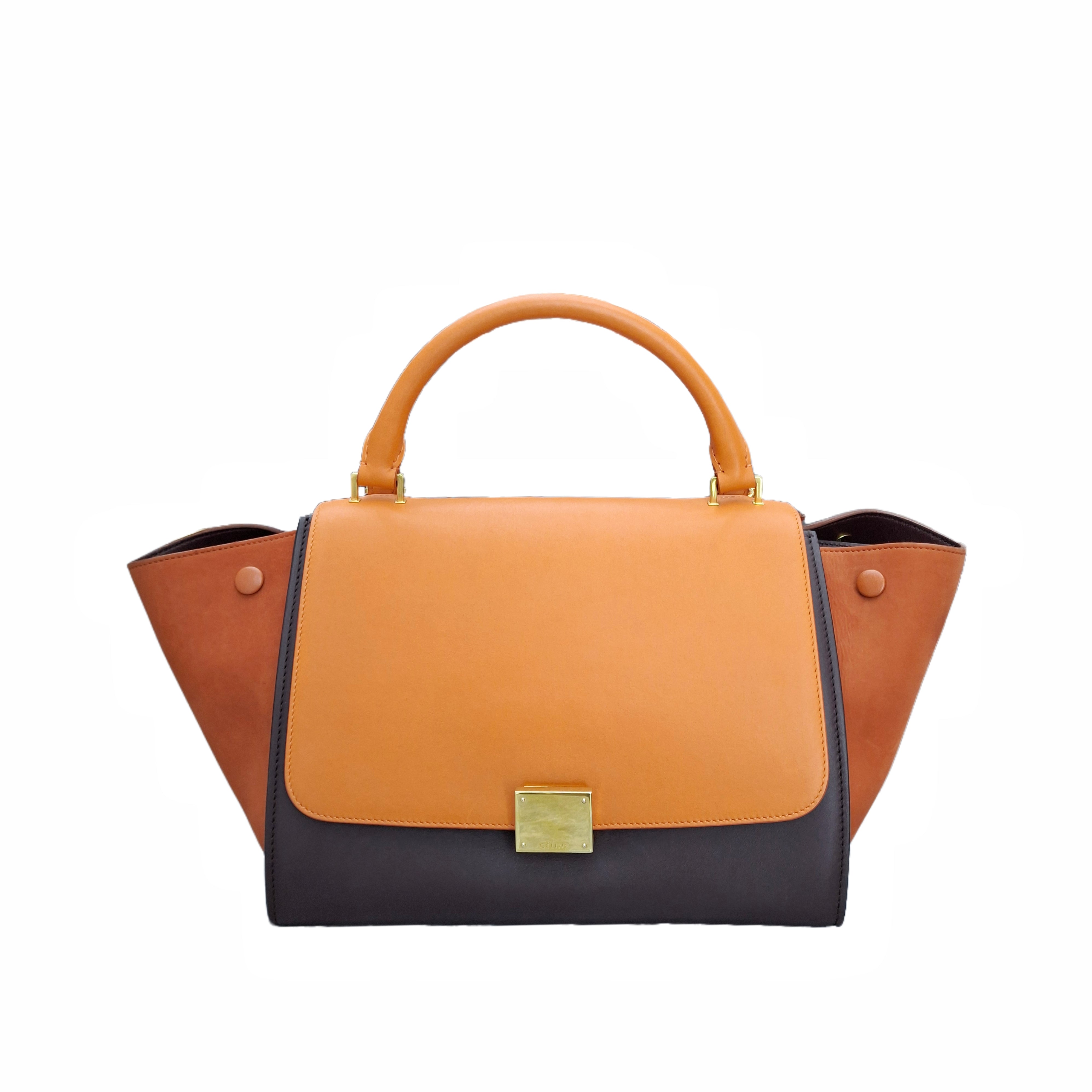 CELINE Tri-Color Leather and Suede Small Trapeze Top Handle Bag (Orange/Brown/Ebenine)