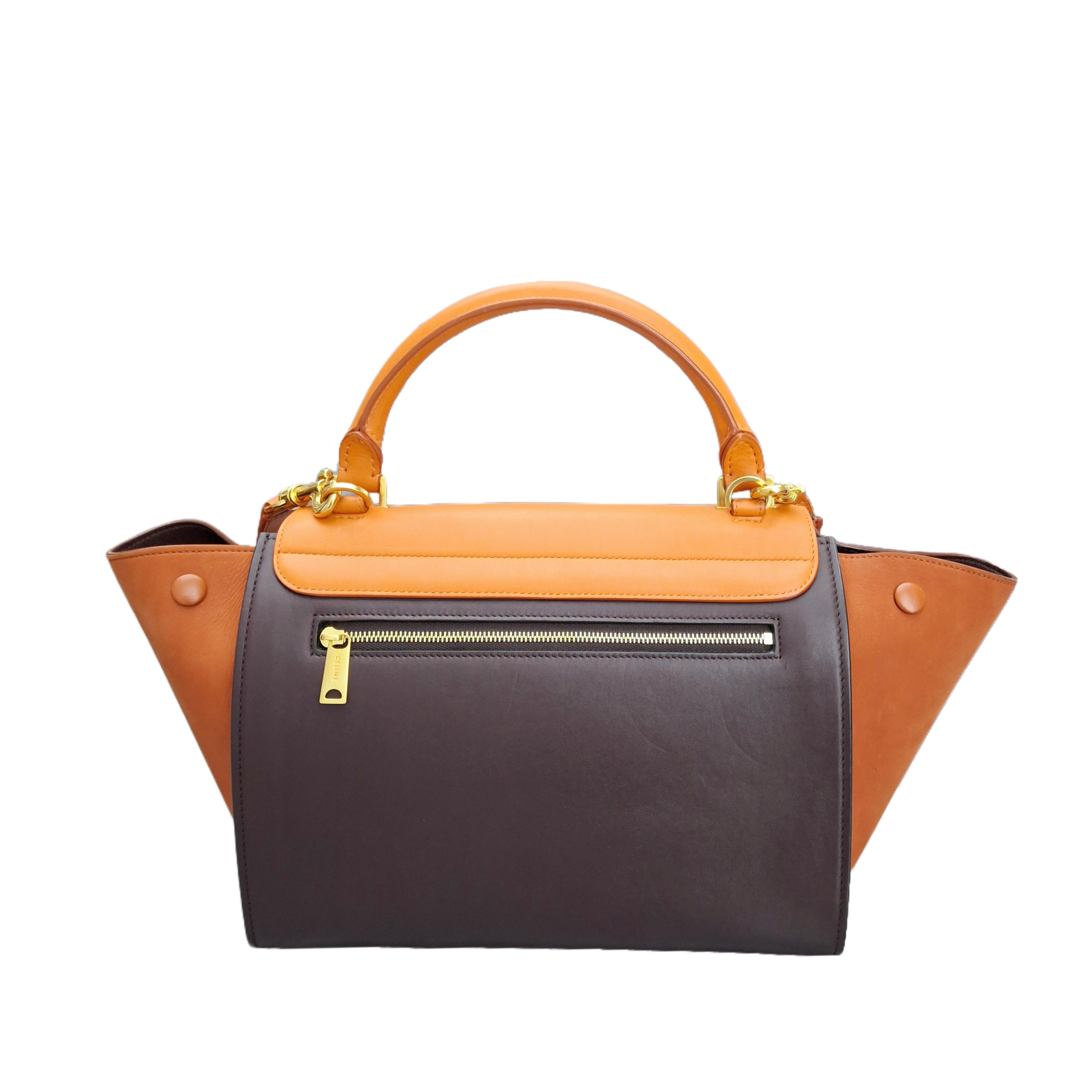 CELINE Tri-Color Leather and Suede Small Trapeze Top Handle Bag (Orange/Brown/Ebenine)