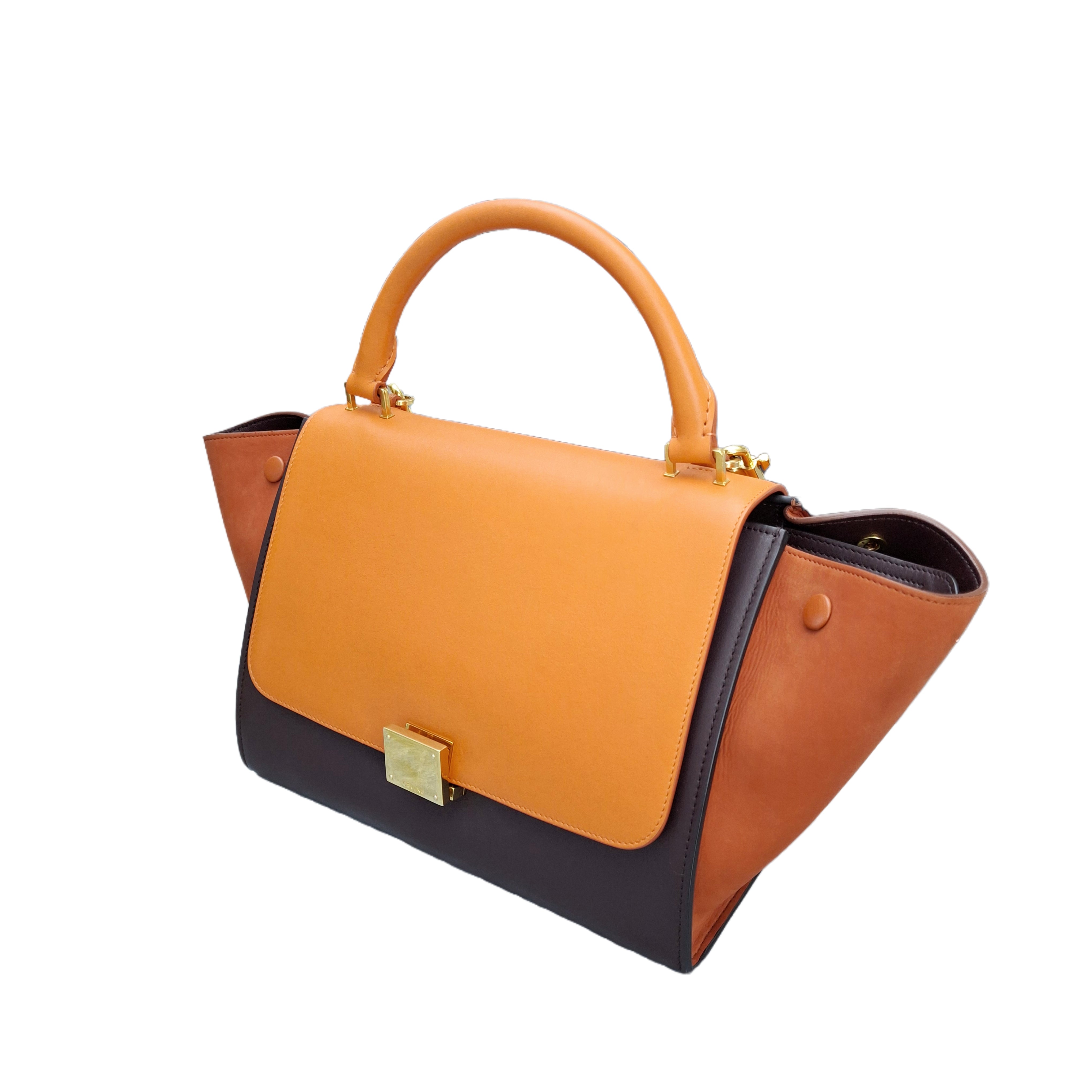 CELINE Tri-Color Leather and Suede Small Trapeze Top Handle Bag (Orange/Brown/Ebenine)