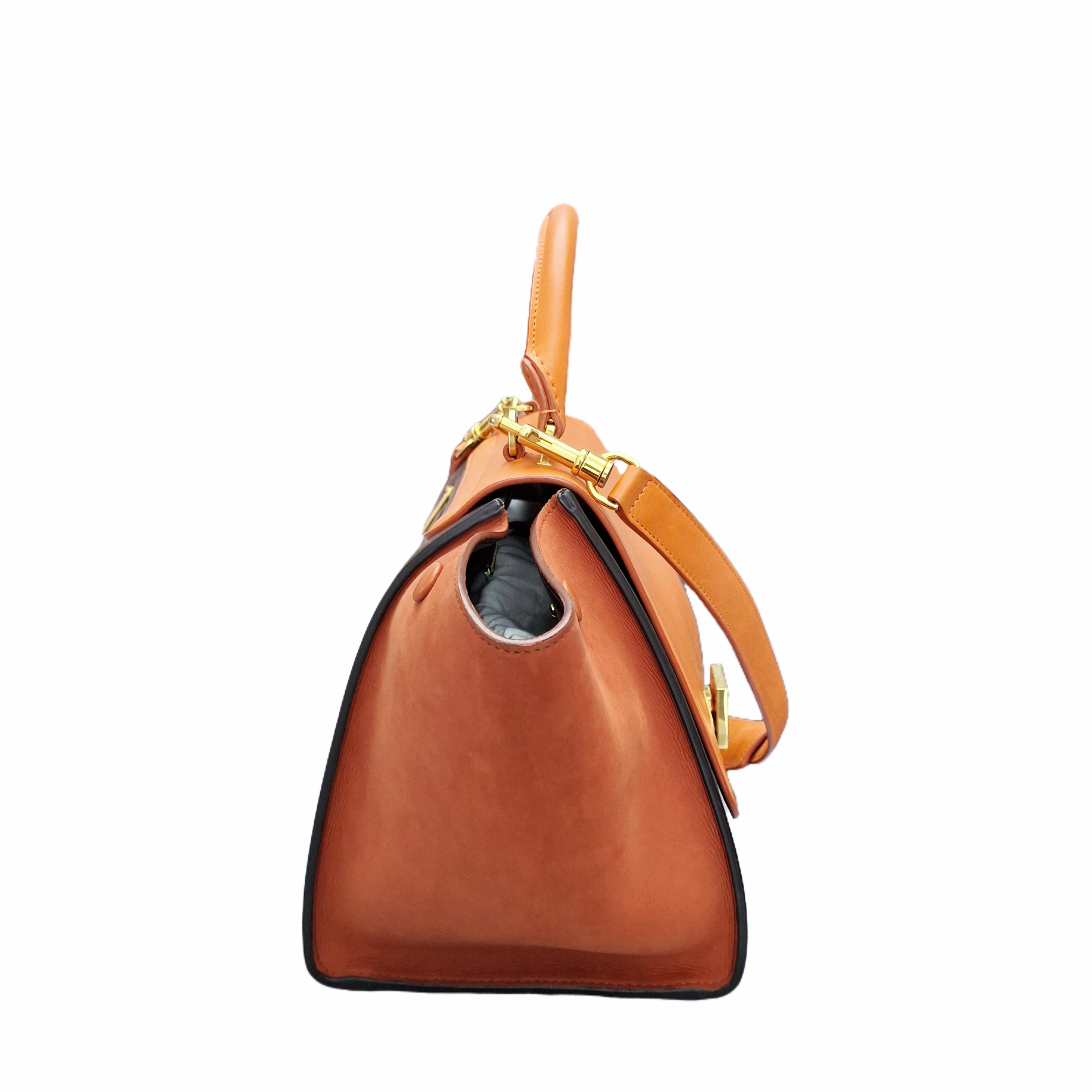 CELINE Tri-Color Leather and Suede Small Trapeze Top Handle Bag (Orange/Brown/Ebenine)