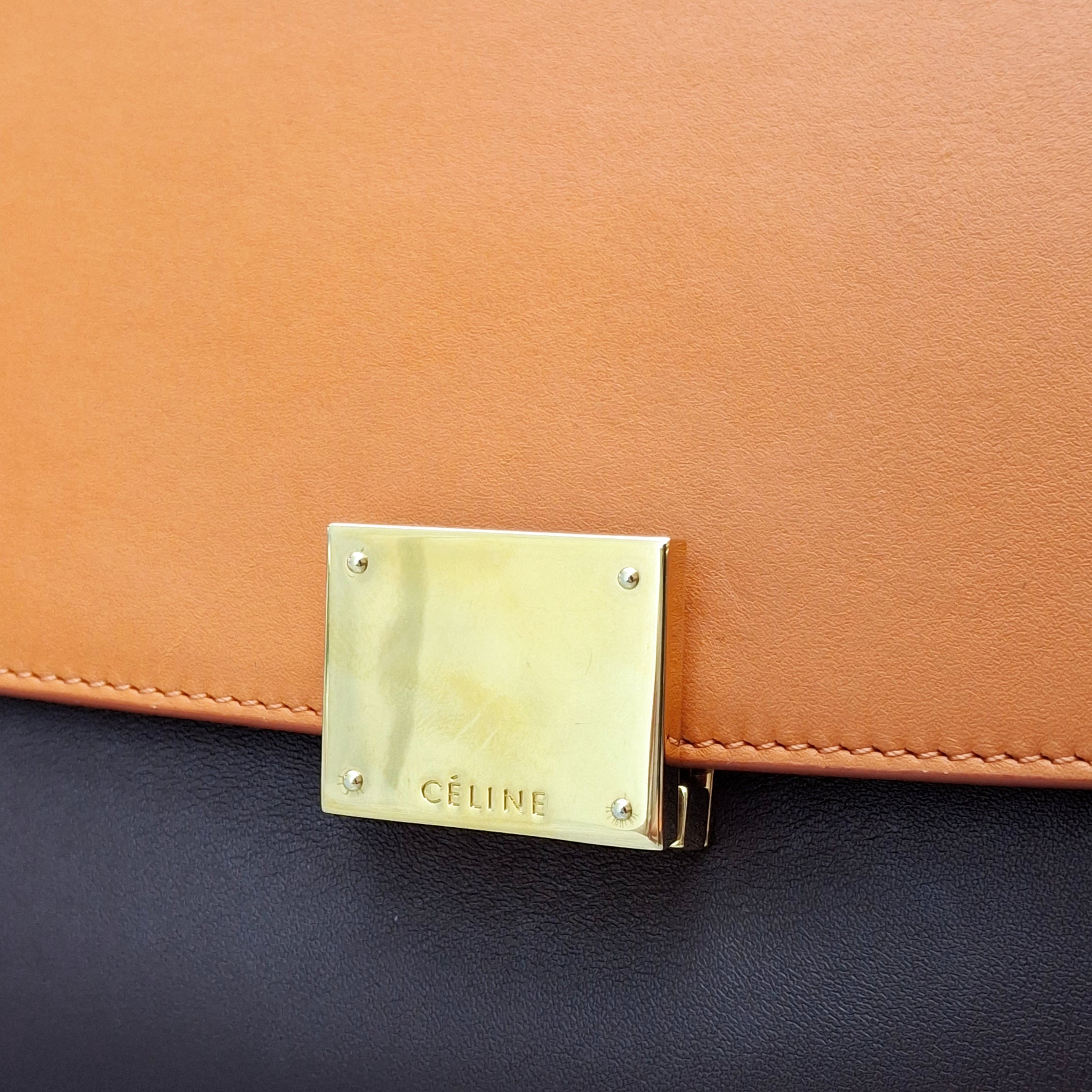 CELINE Tri-Color Leather and Suede Small Trapeze Top Handle Bag (Orange/Brown/Ebenine)