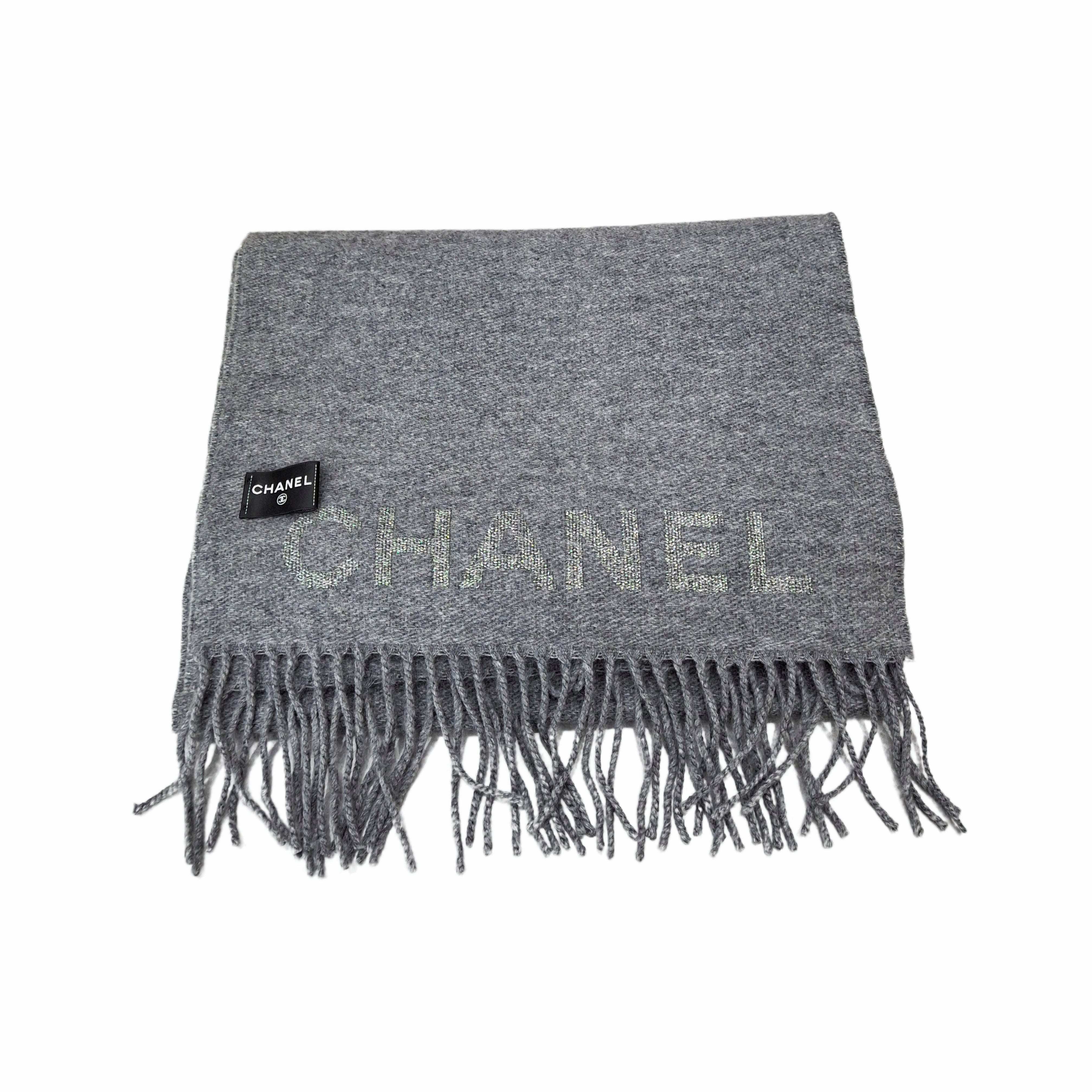 CHANEL Cashmere CC Fringe Scarf Ecru(Grey)