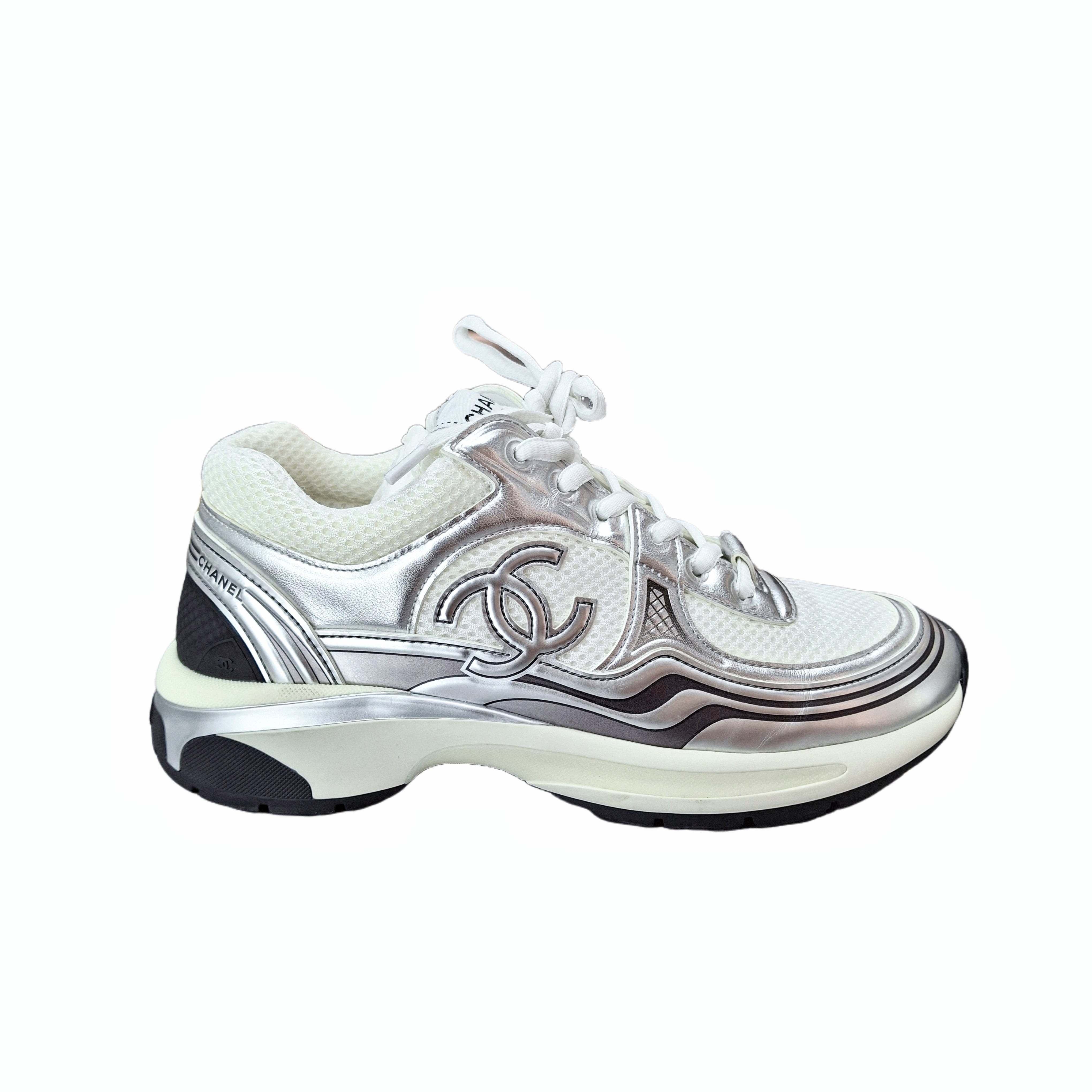 CHANEL 23C Laminated Stretch CC Runners (White/Silver) 38