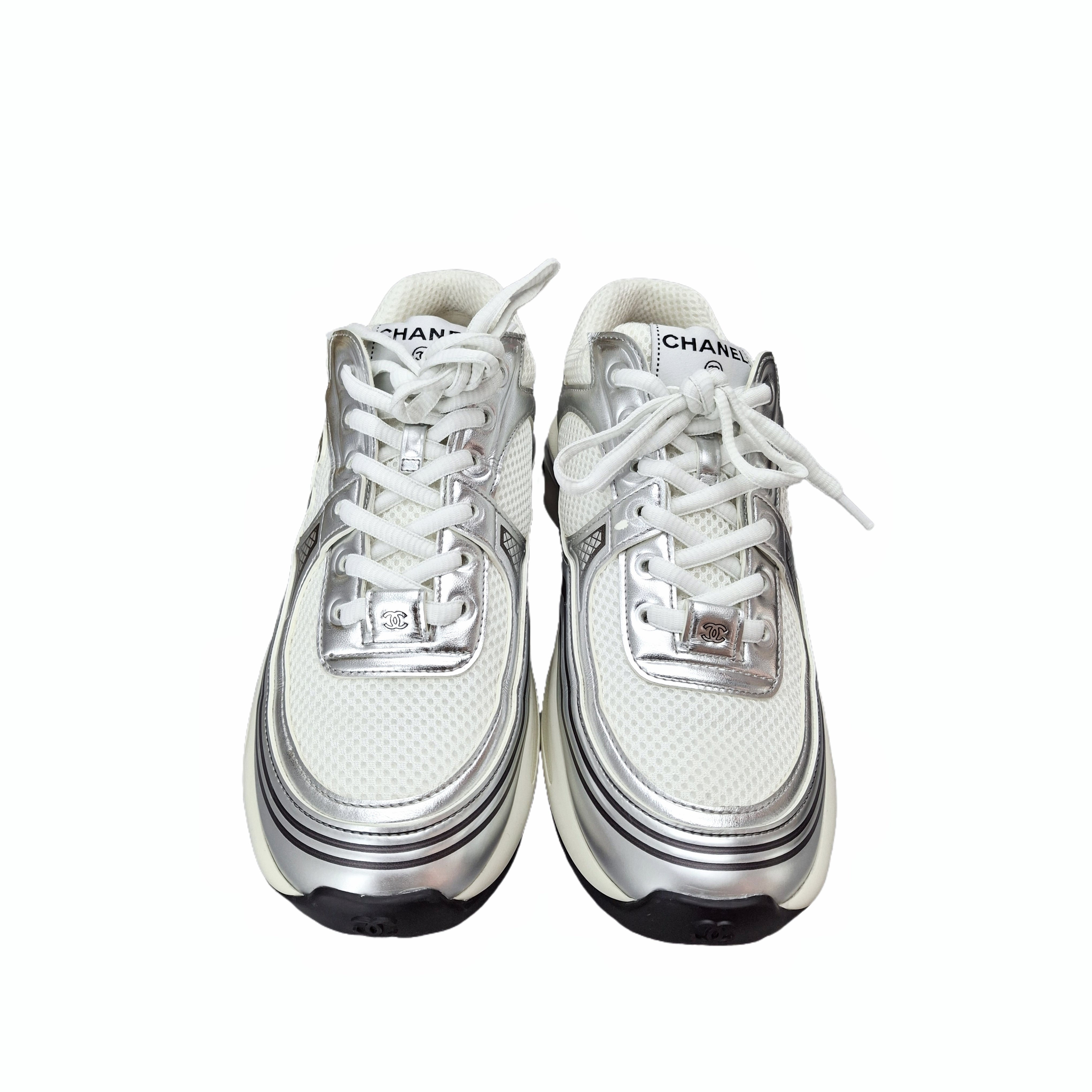 CHANEL 23C Laminated Stretch CC Runners (White/Silver) 38