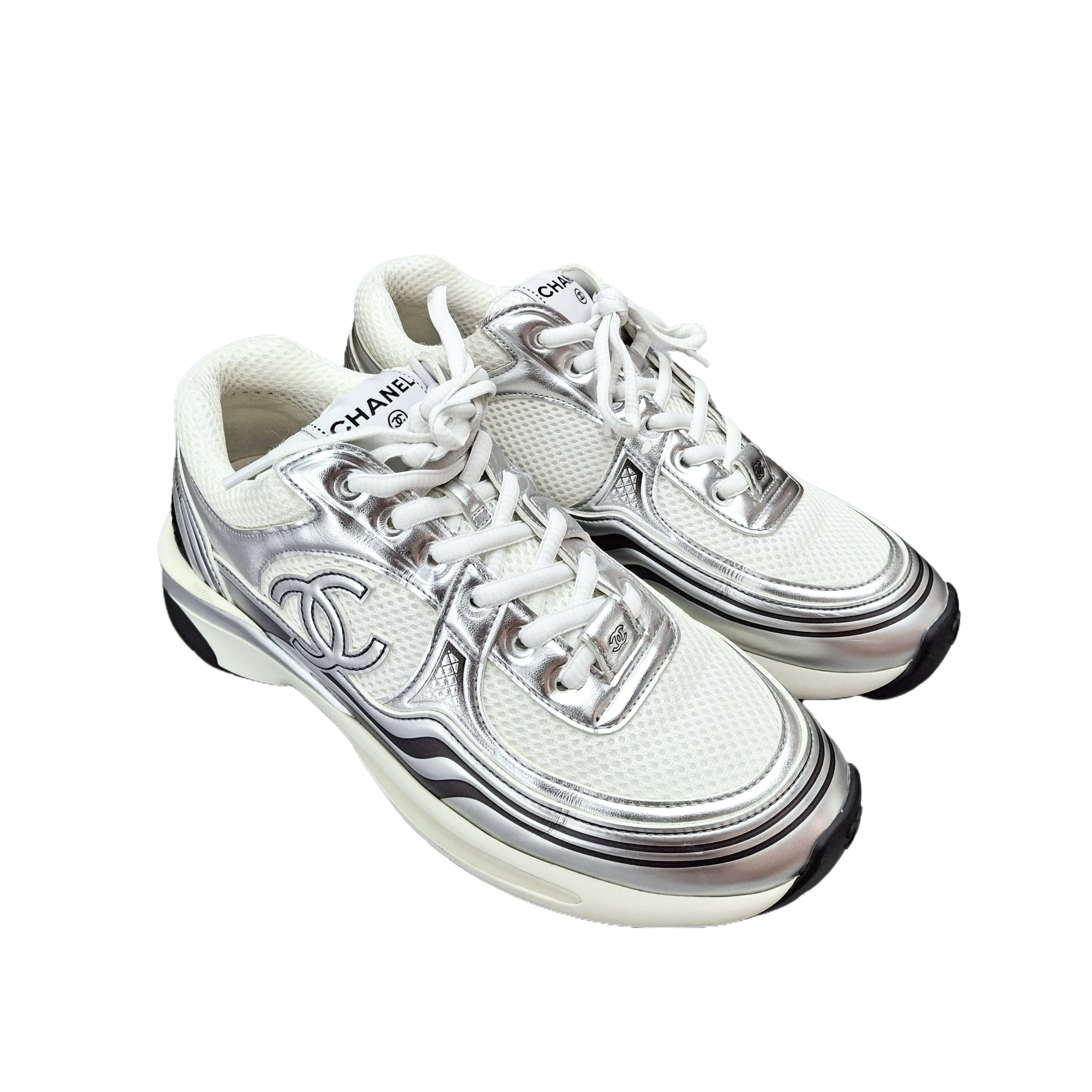 CHANEL 23C Laminated Stretch CC Runners (White/Silver) 38