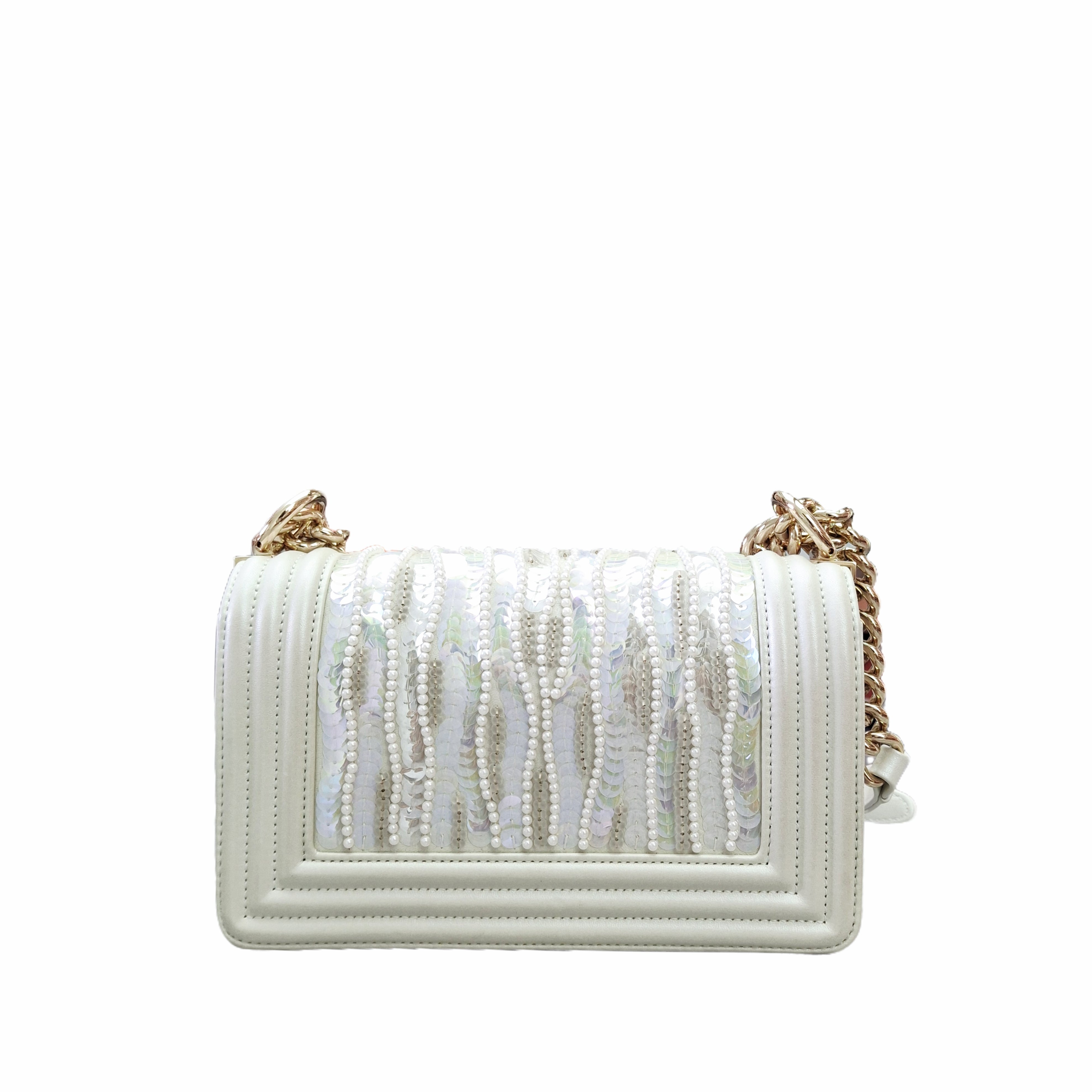 Chanel 22 Boy Flap Bag Sequin and Pearl Embellished Leather Small (White)