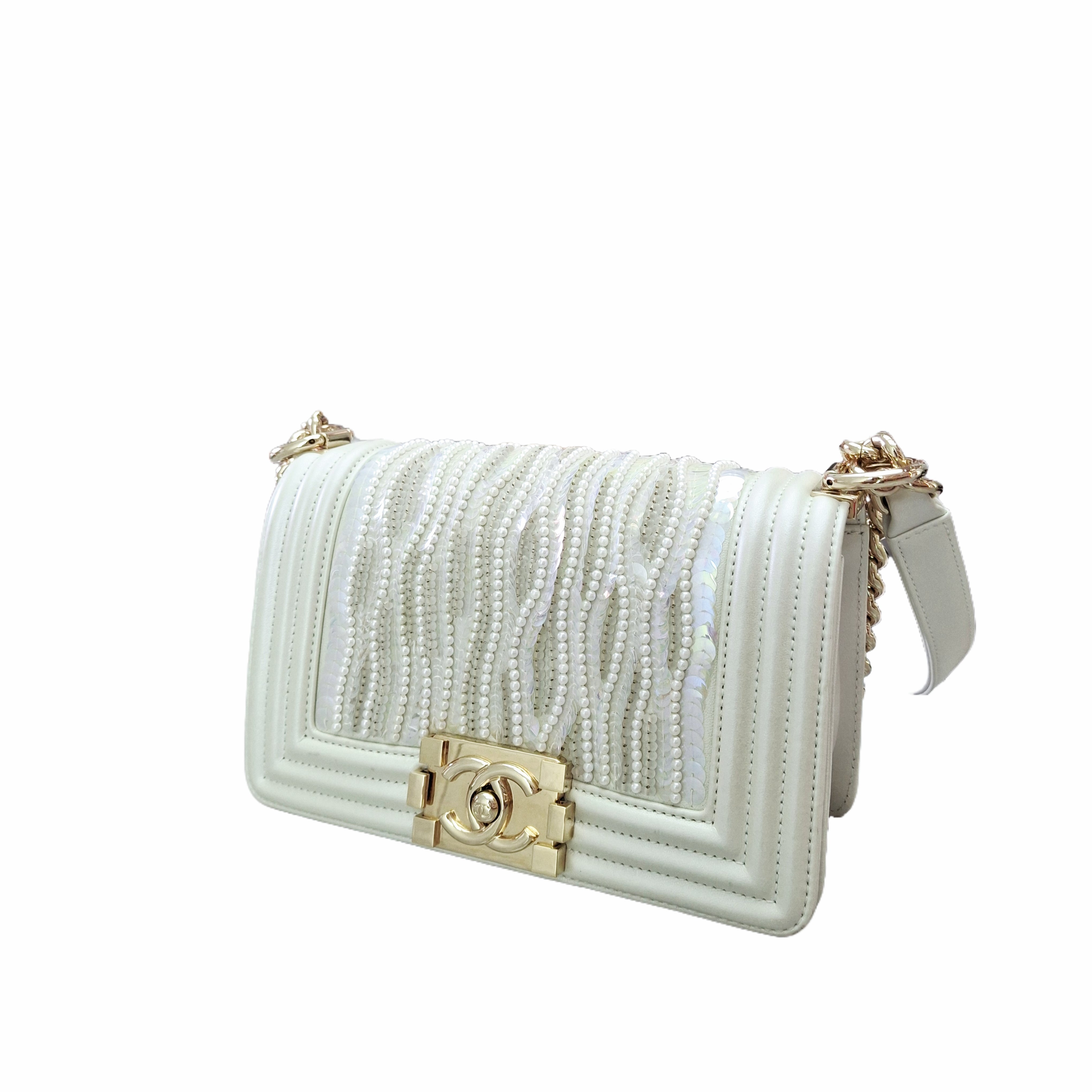 Chanel 22 Boy Flap Bag Sequin and Pearl Embellished Leather Small (White)