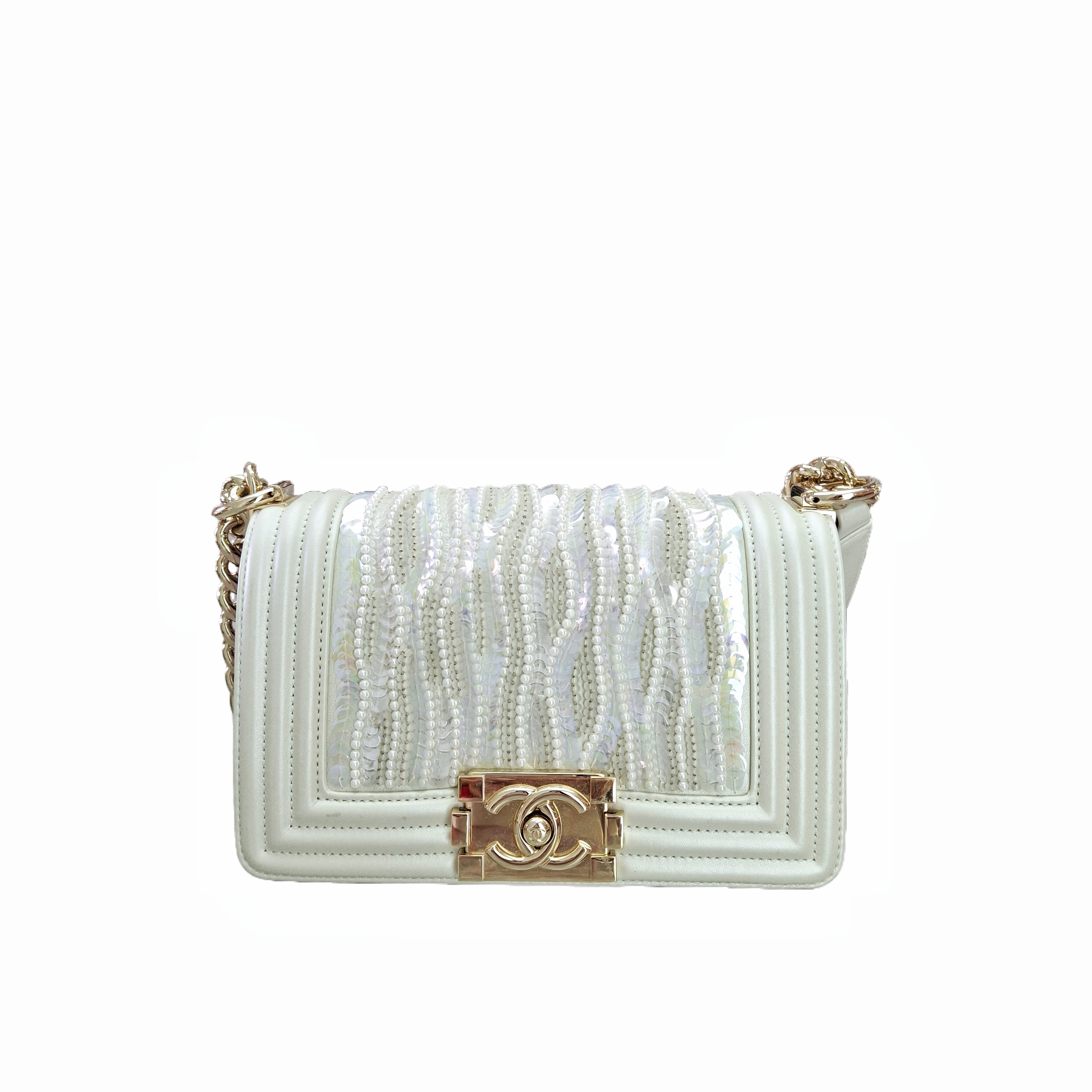 Chanel 22 Boy Flap Bag Sequin and Pearl Embellished Leather Small (White)