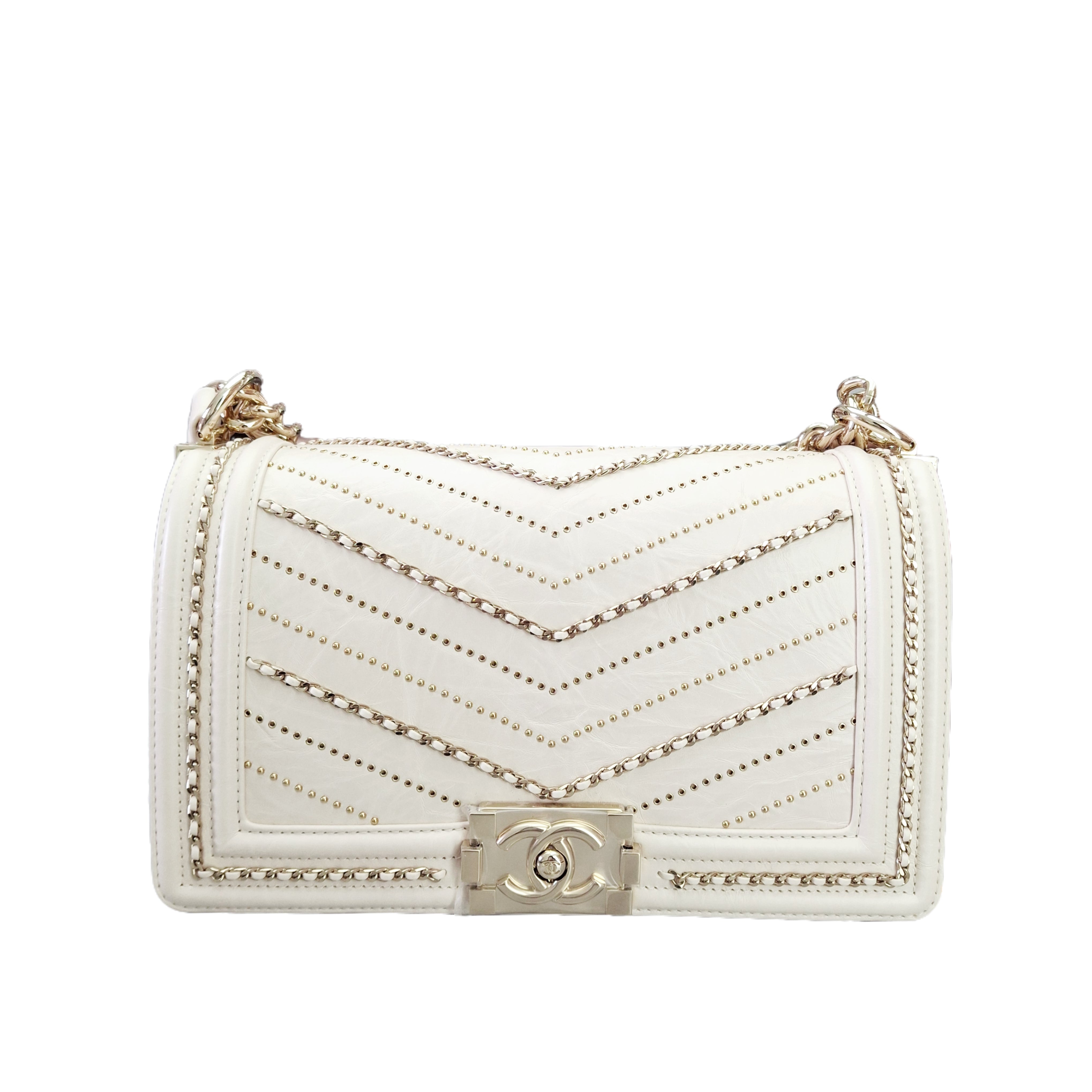 CHANEL 20 Leboy Embroidered Mini Bag with Chevron Pearl (White)