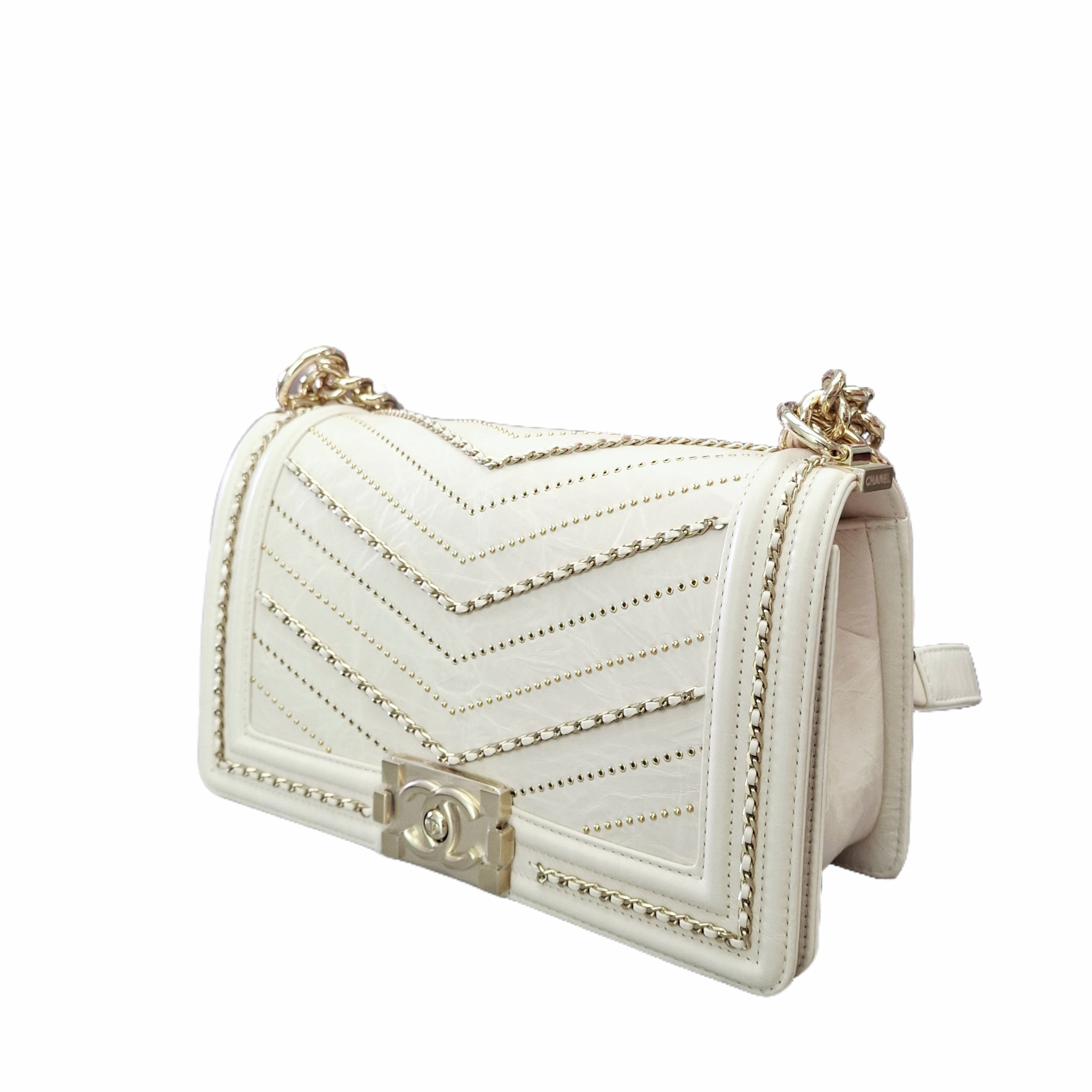 CHANEL 20 Leboy Embroidered Mini Bag with Chevron Pearl (White)