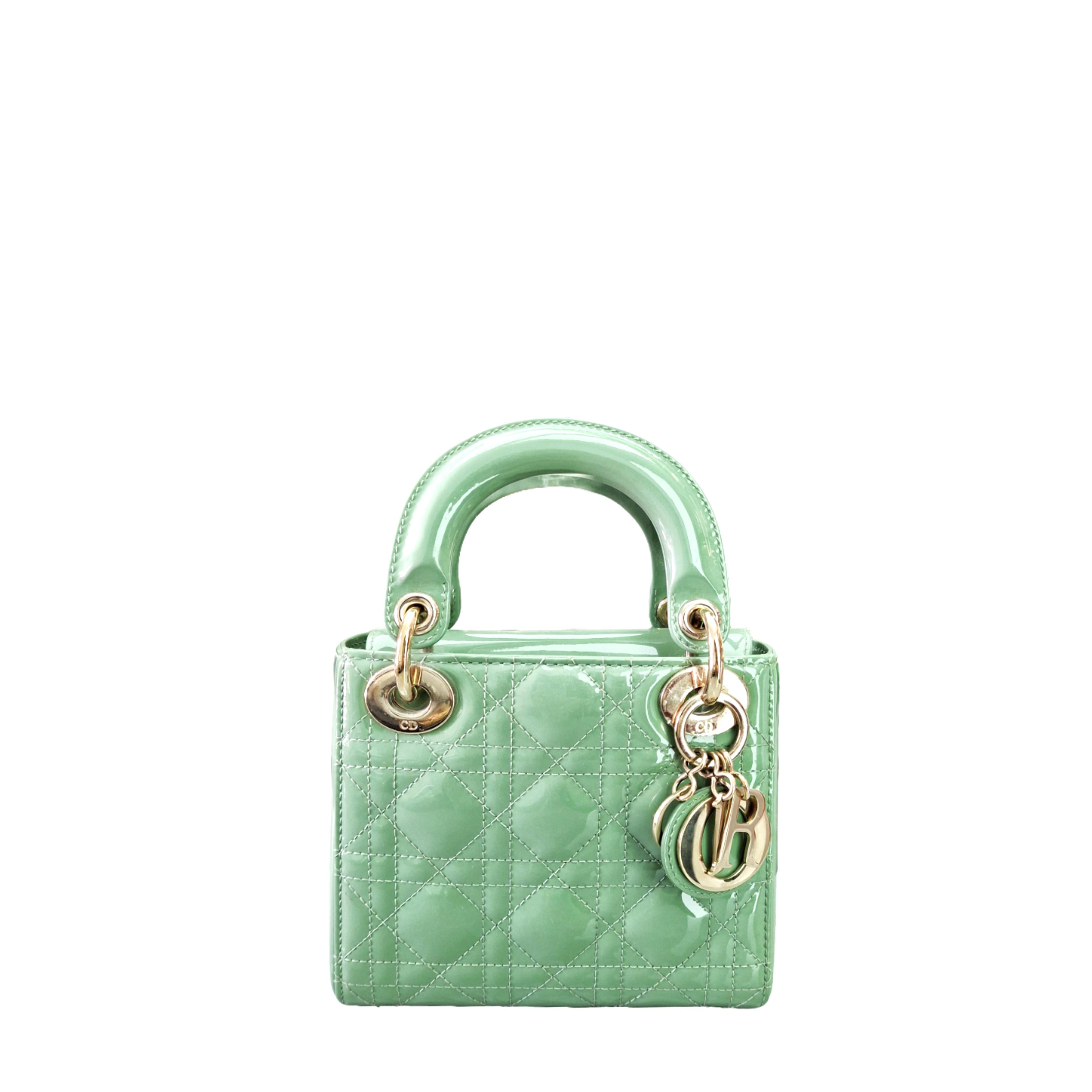 CHRISTIAN DIOR Mini Lady Bag Mint Avocado Green Patent Cannage Lambskin in GHW