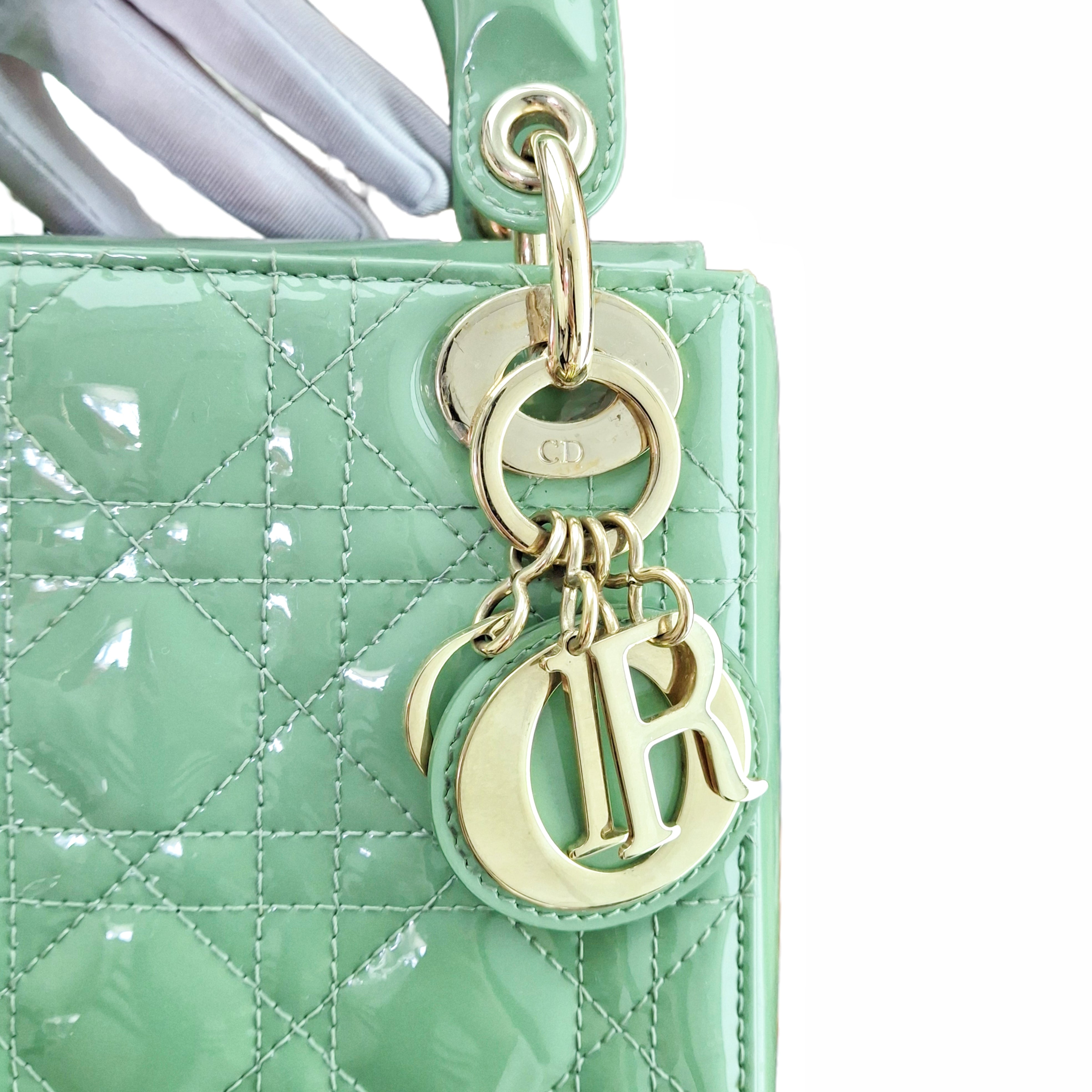 CHRISTIAN DIOR Mini Lady Bag Mint Avocado Green Patent Cannage Lambskin in GHW