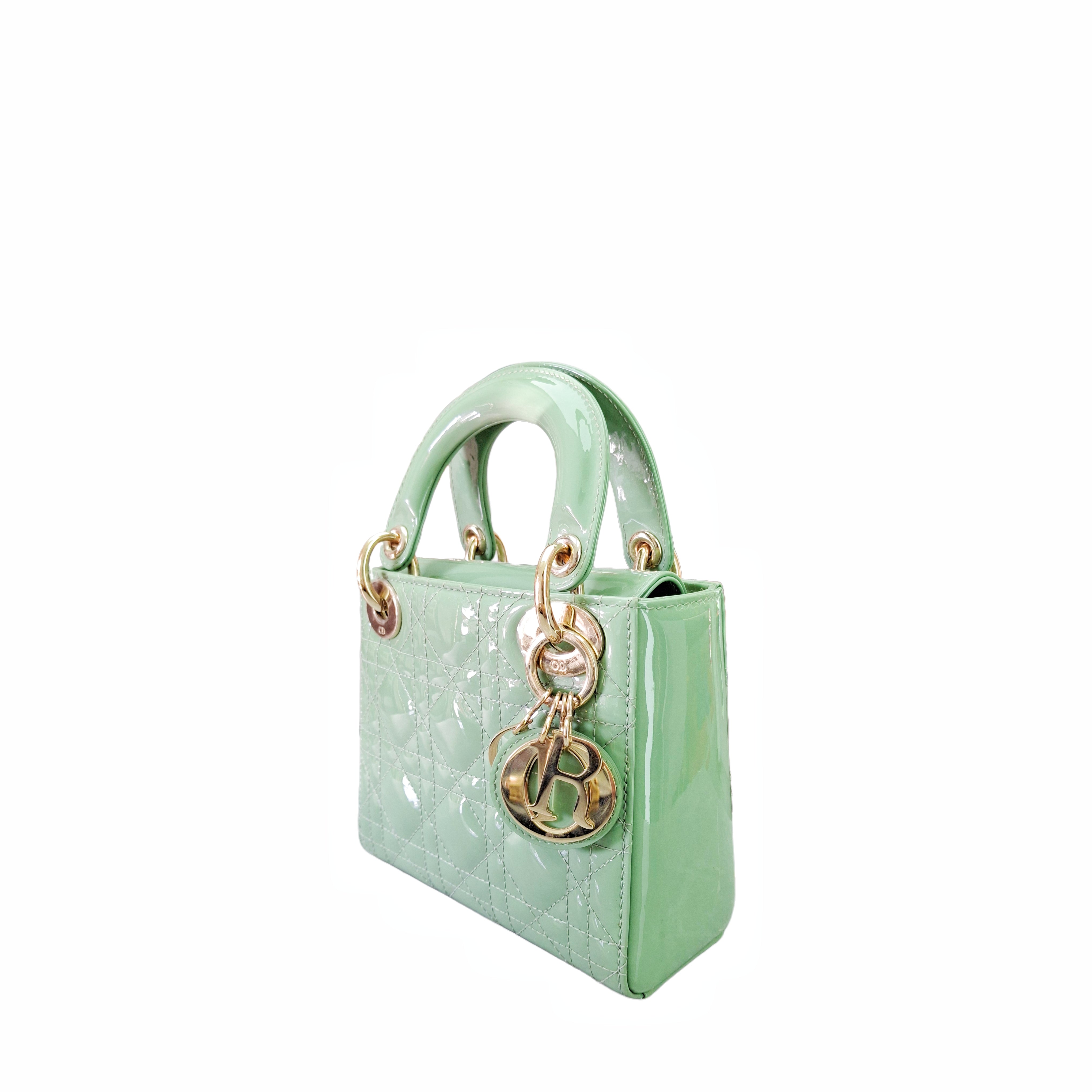 CHRISTIAN DIOR Mini Lady Bag Mint Avocado Green Patent Cannage Lambskin in GHW