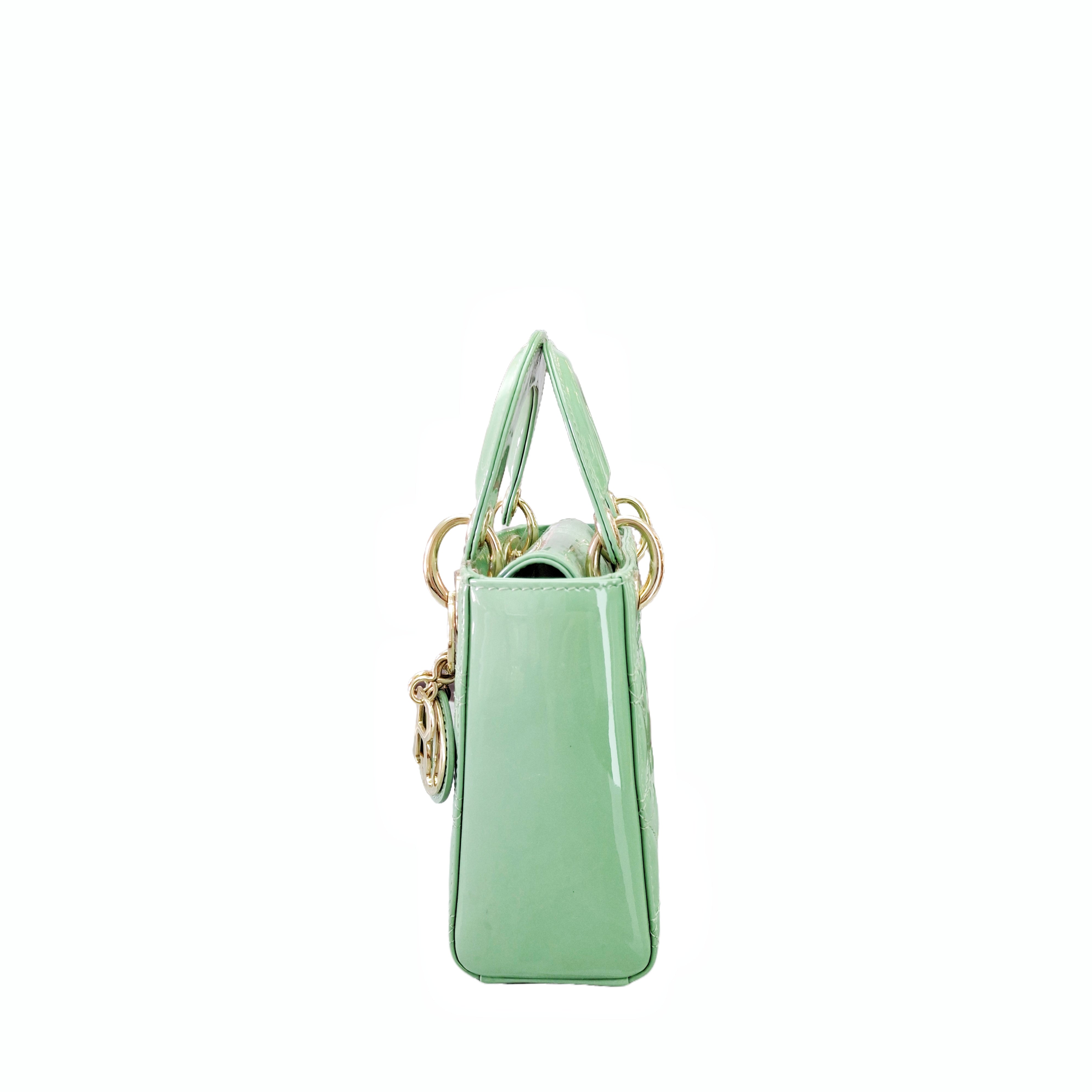 CHRISTIAN DIOR Mini Lady Bag Mint Avocado Green Patent Cannage Lambskin in GHW