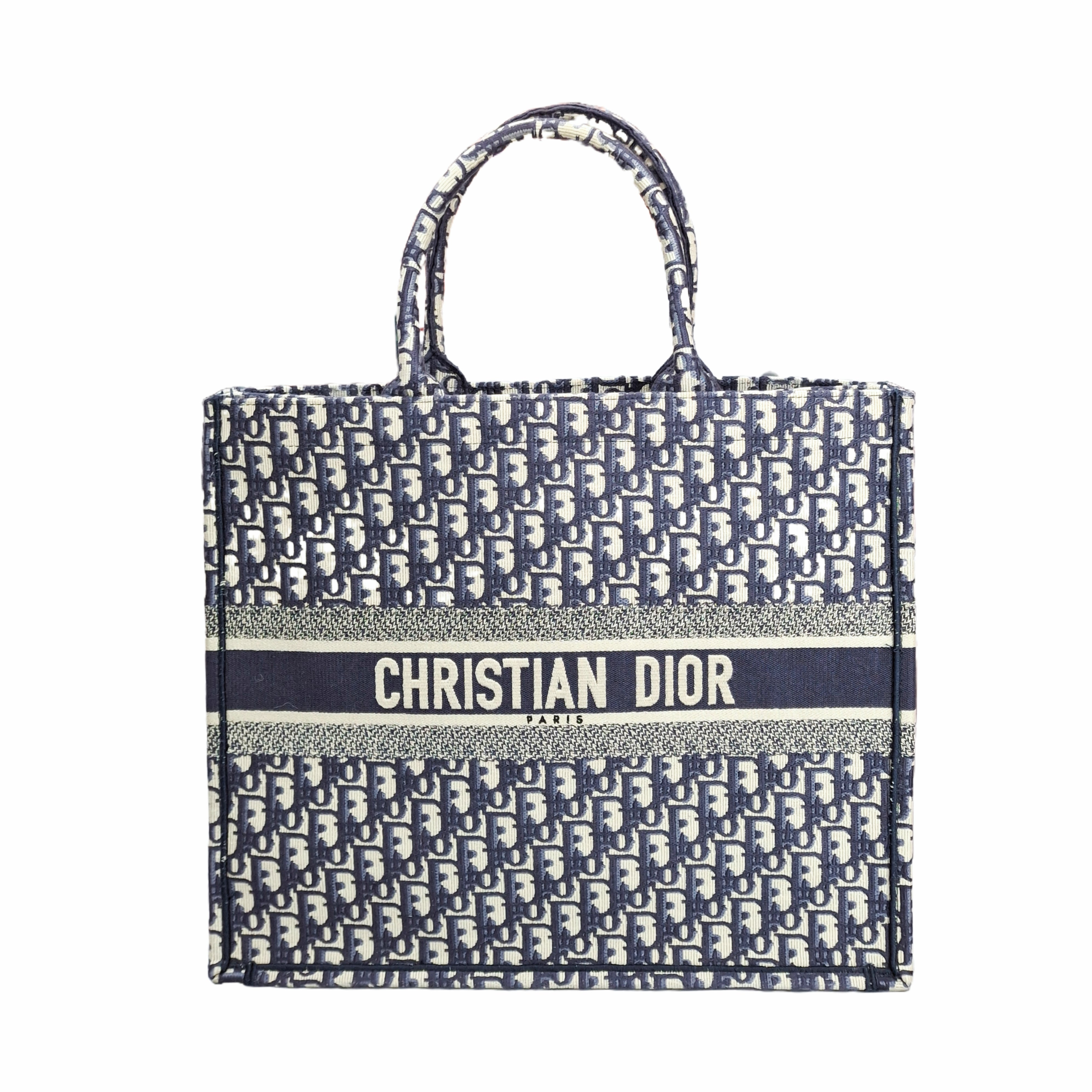 CHRISTIAN DIOR Large Dior Book Tote in Dior Oblique Embroidery (Blue)