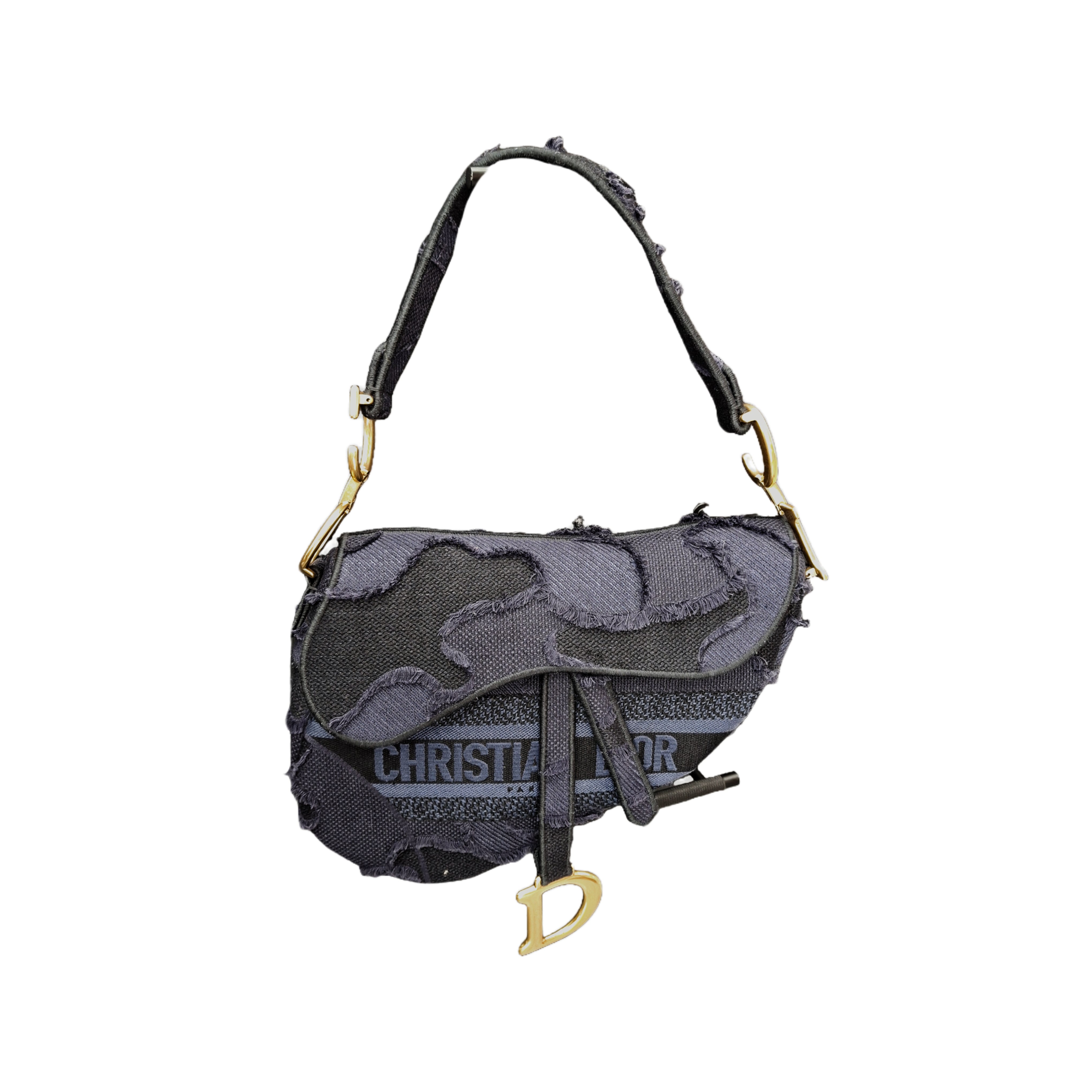 Christian Dior Embroidered Canvas Camouflage Saddle Shoulder Bag (Navy Blue)