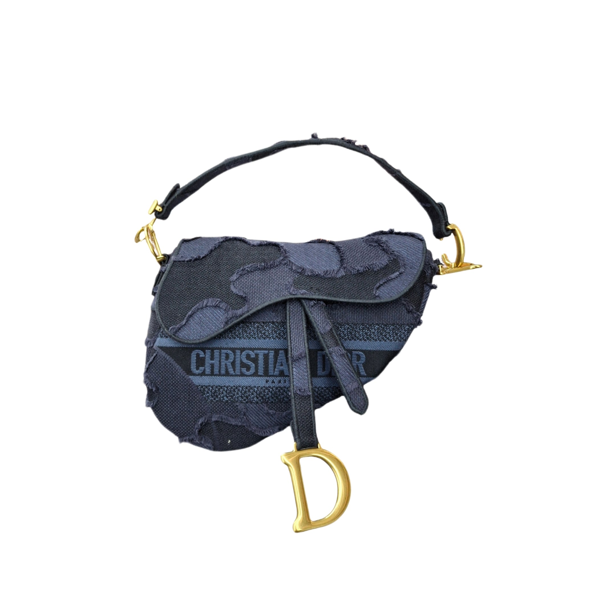 Christian Dior Embroidered Canvas Camouflage Saddle Shoulder Bag (Navy Blue)