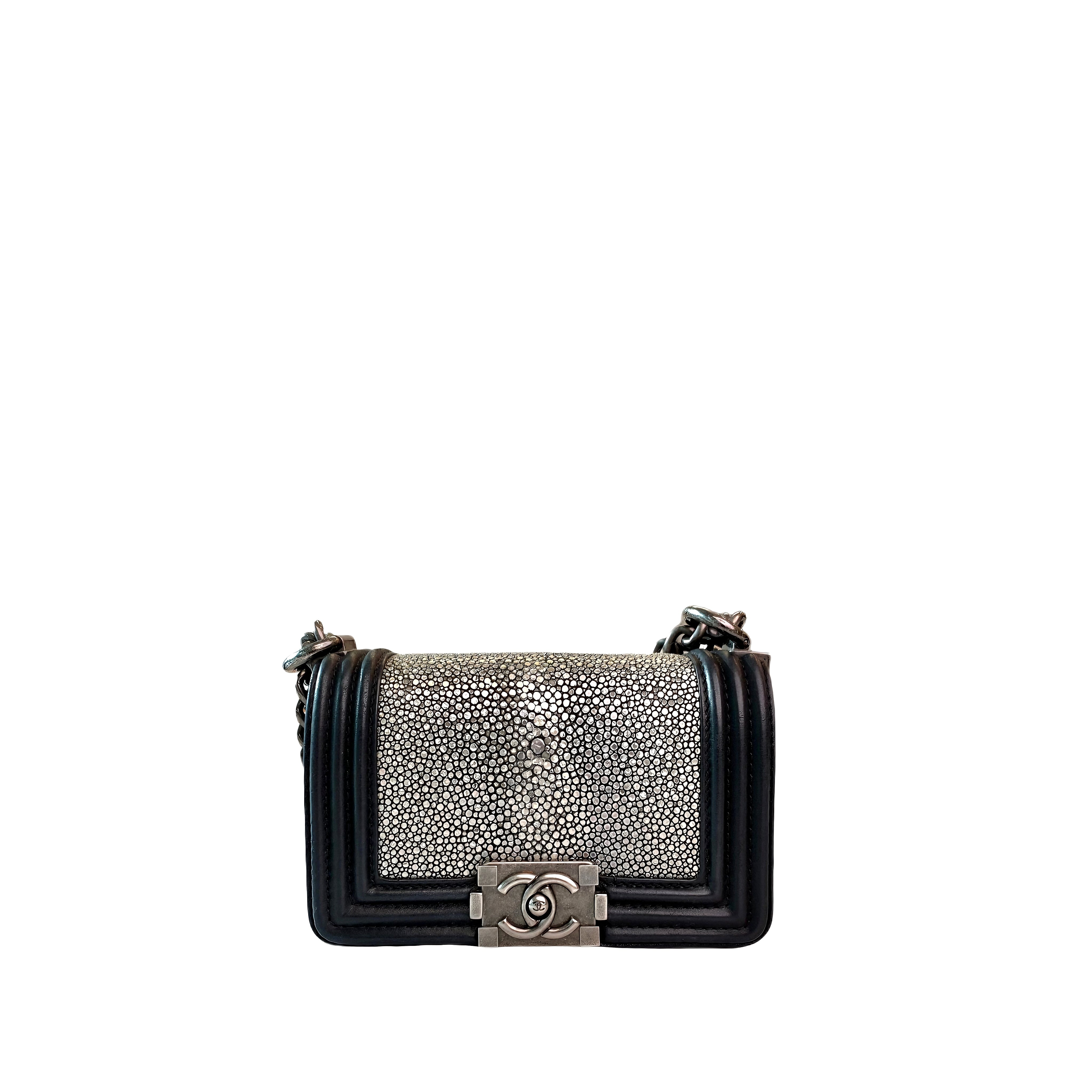 CHANEL Leboy Mini BAG Black and Metallic Silver Stingray Leather