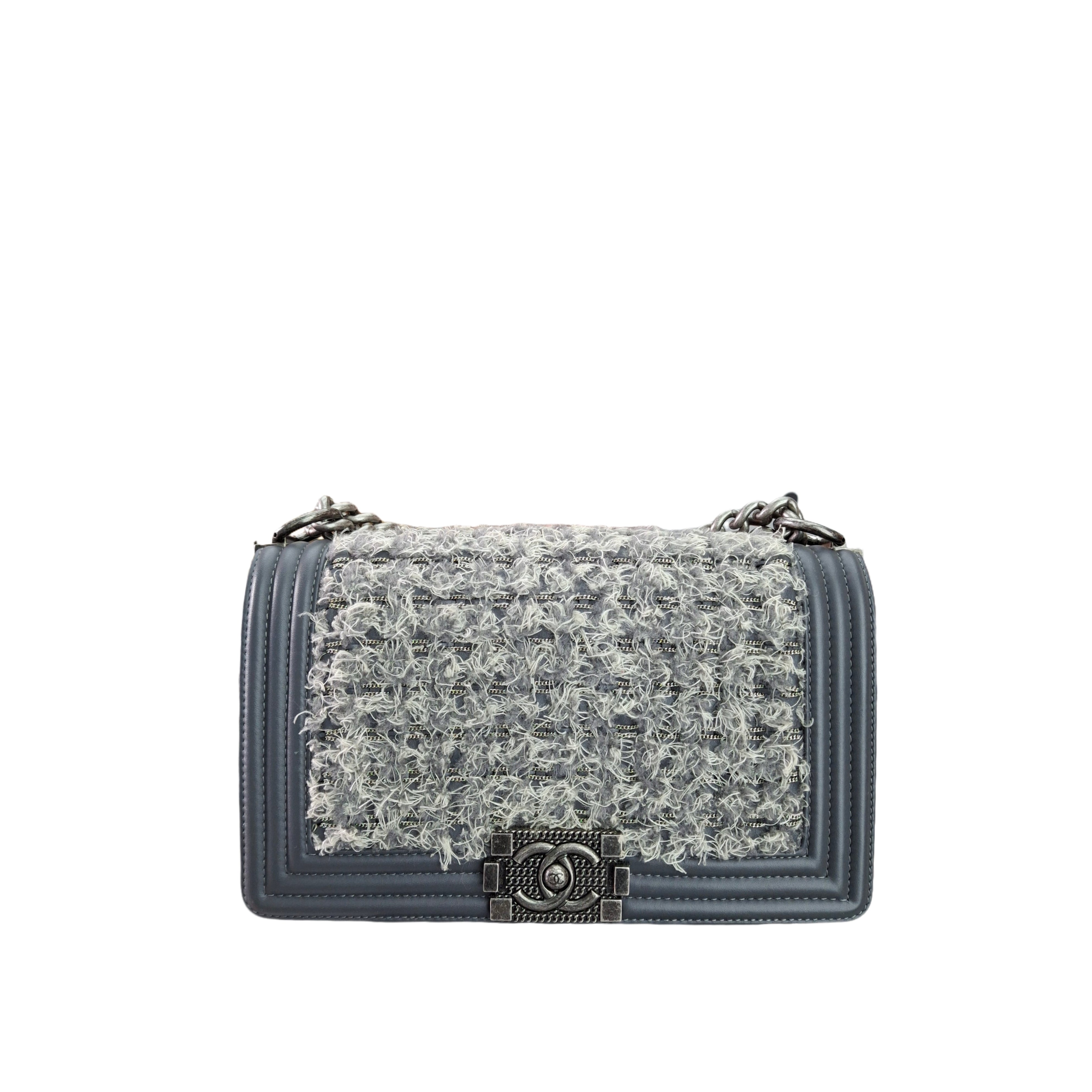 Chanel Boy Flap Bag Braided Tweed Old Medium (Gray)