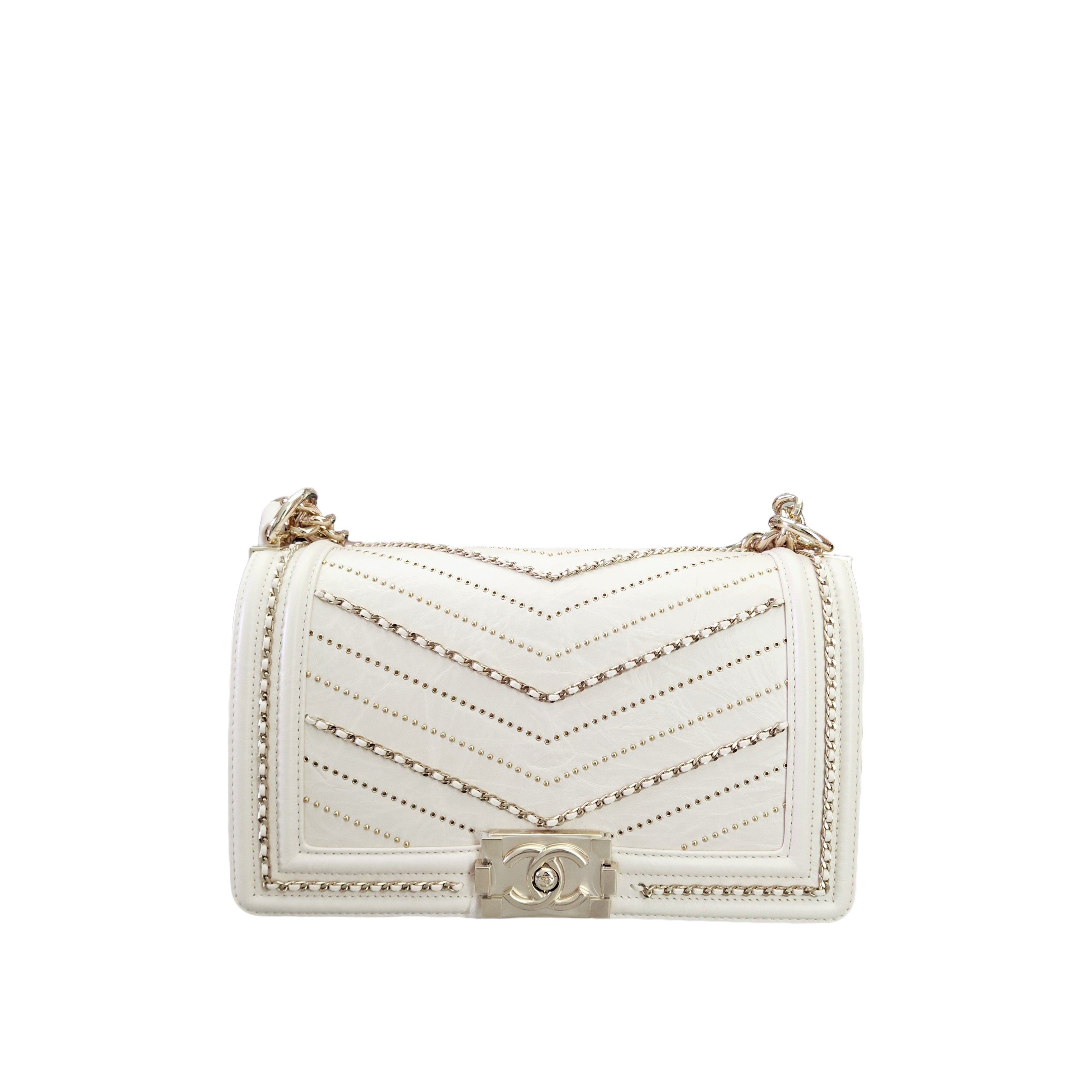 CHANEL 20 Leboy Embroidered Mini Bag with Chevron Pearl (White)