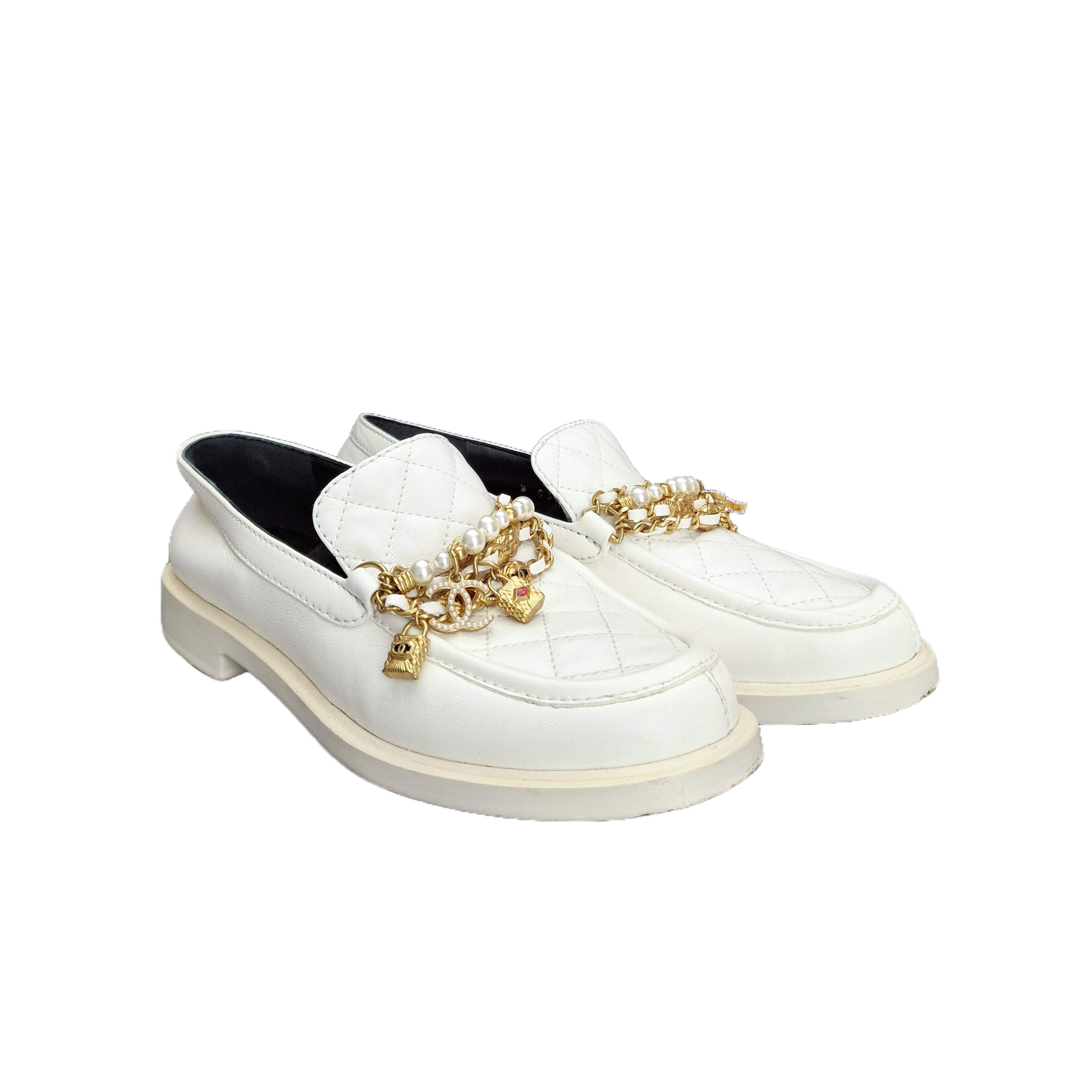 Chanel Loafer with Charm Leather GHW (White) 36