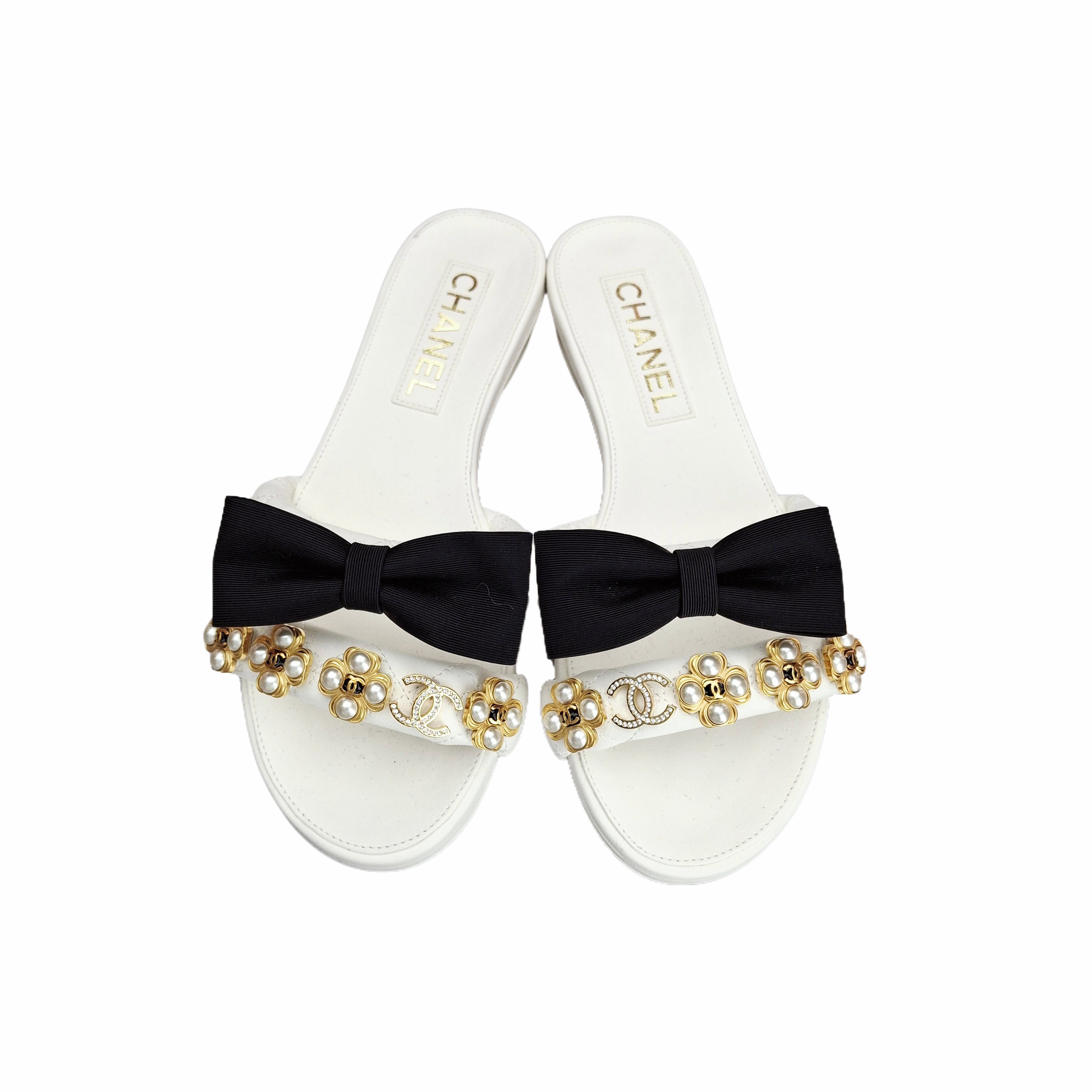 Chanel Lambskin Ribbon Detailed Mules (white) 36