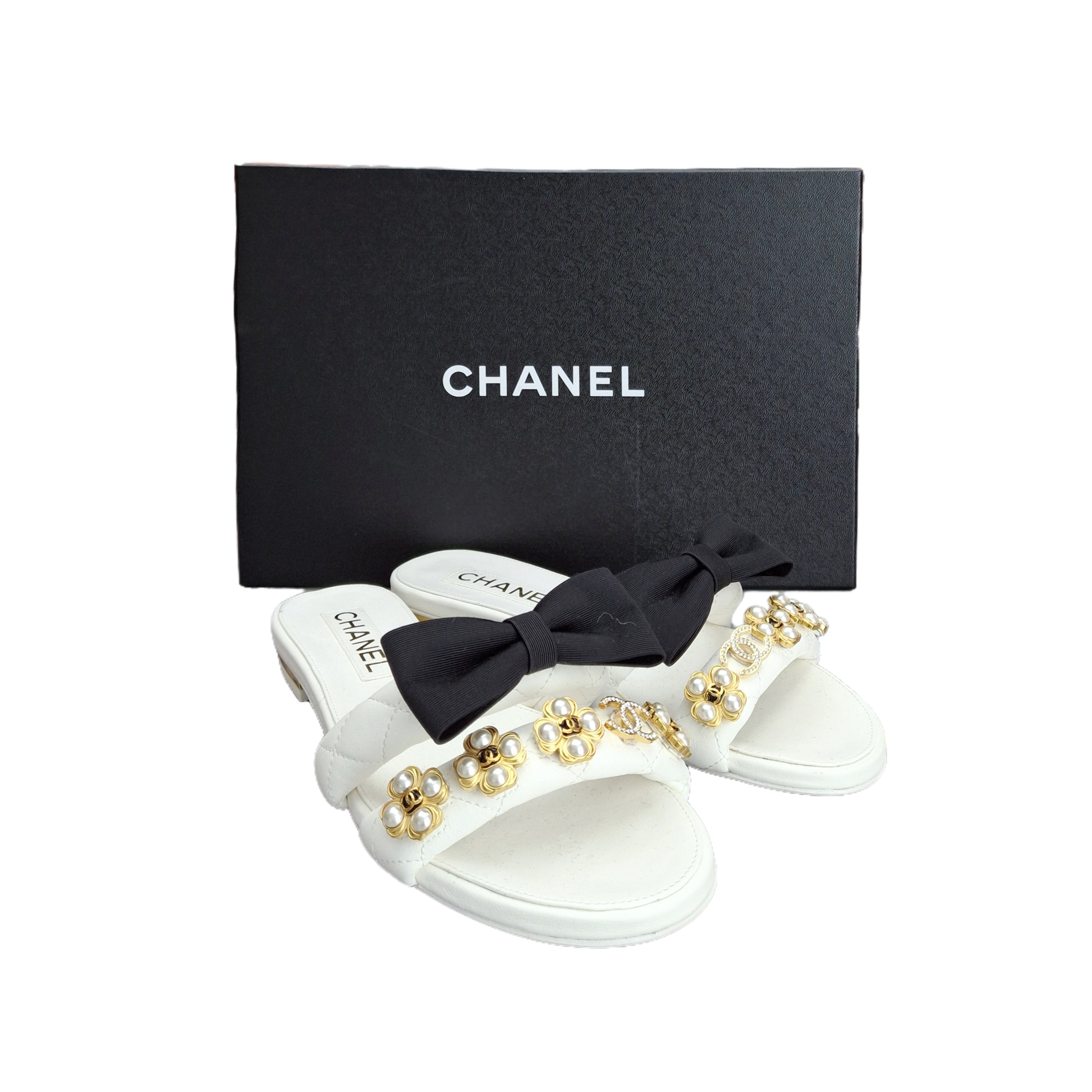 Chanel Lambskin Ribbon Detailed Mules (white) 36