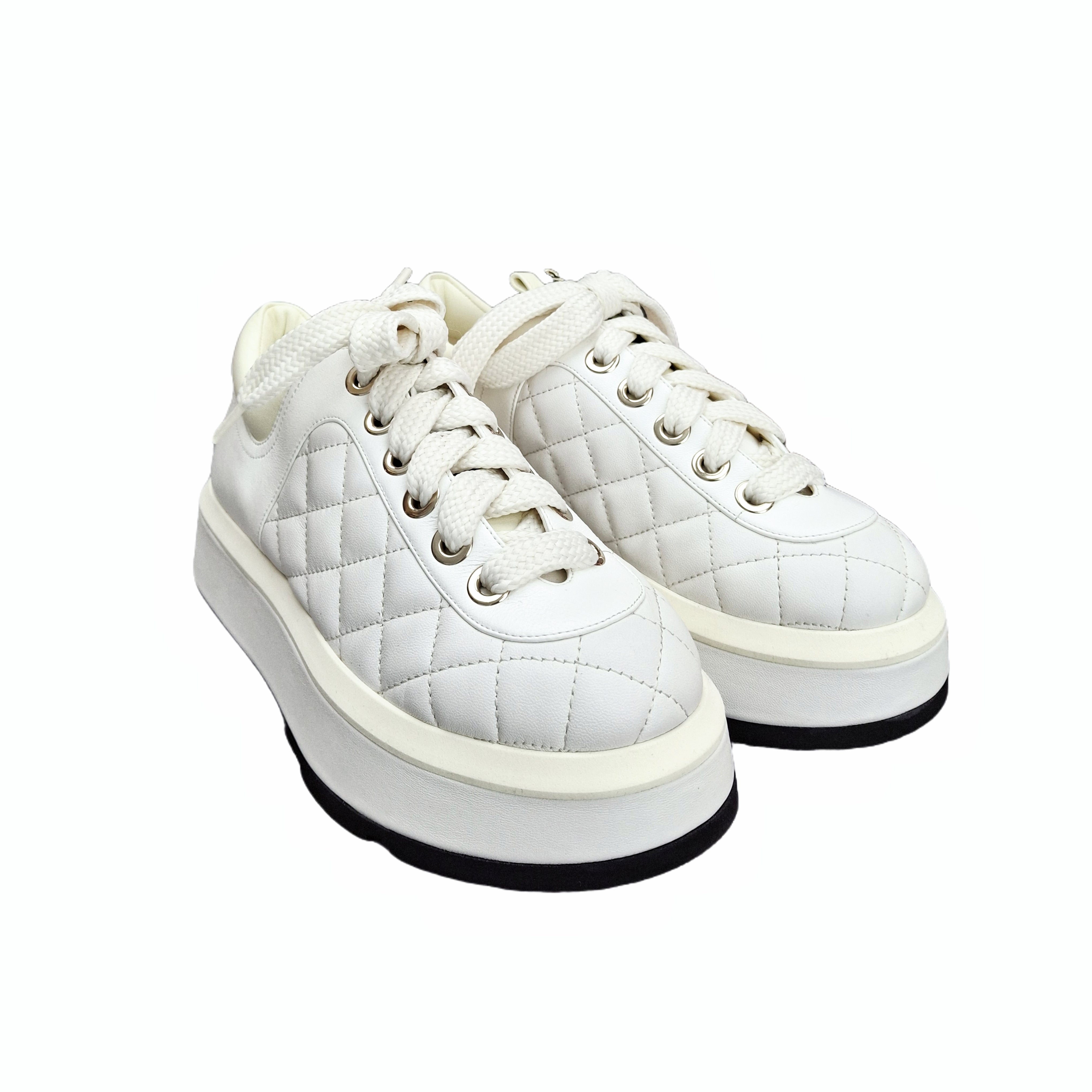 Chanel Quilted Lambskin Oversole Sneaker (White) 36