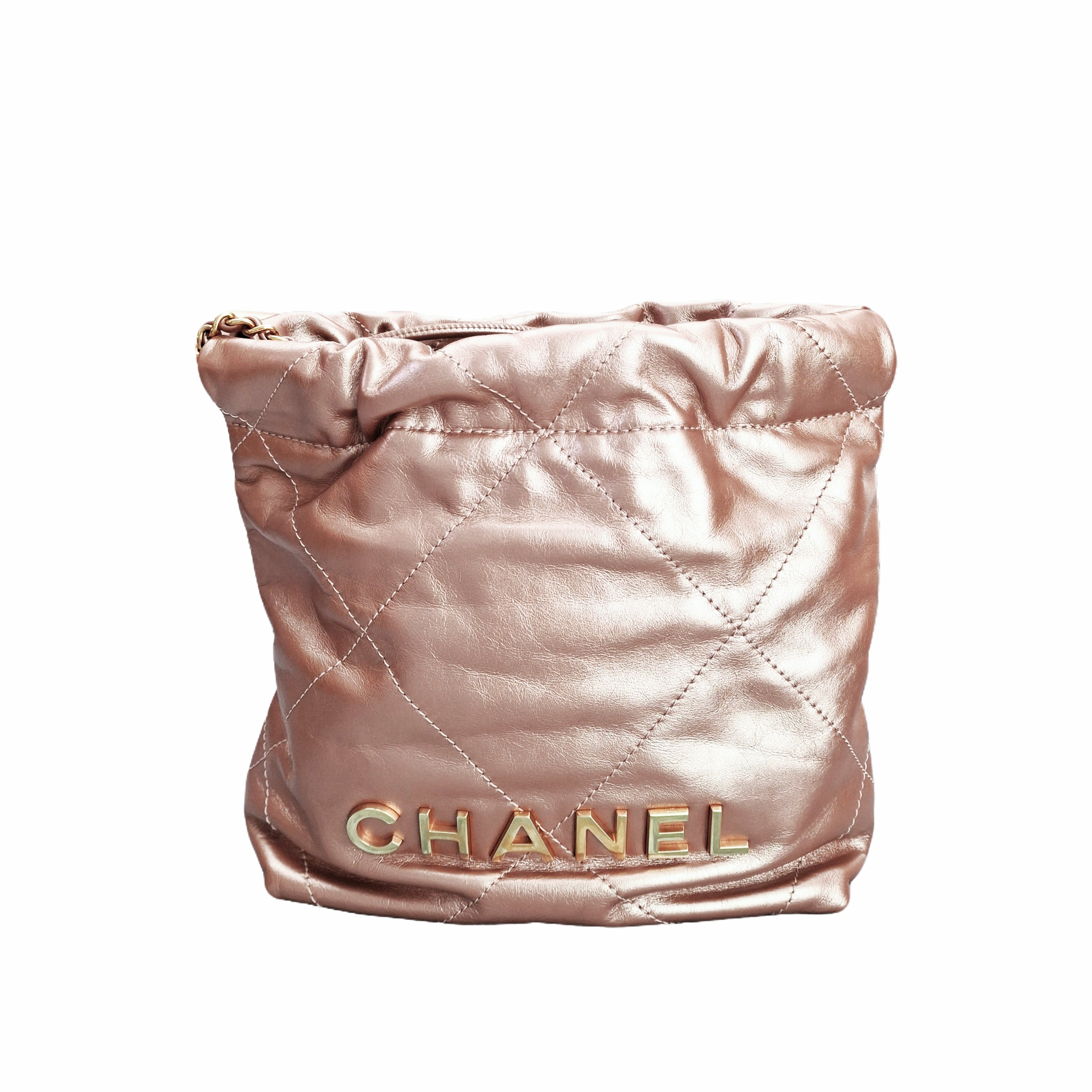 CHANEL 22 BAG Mini in Shiny Calfskin and Gold-tone Metal (Pink)